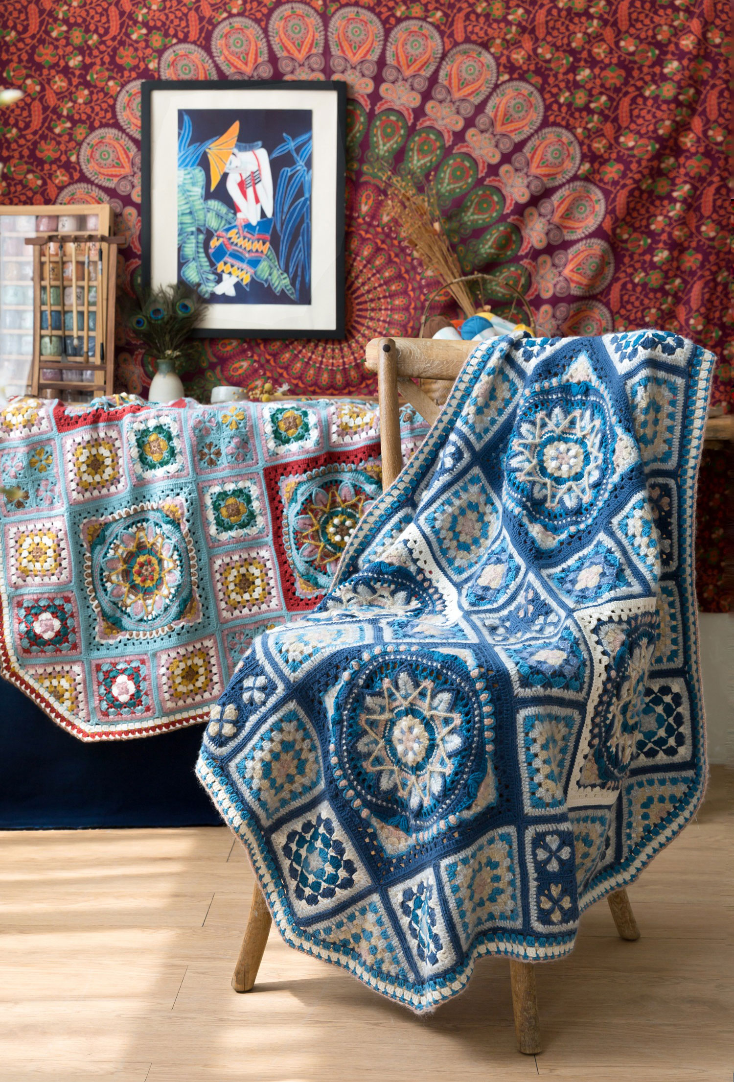 Blue dyed patchwork blanket,DIY crochet,blanket,material package
