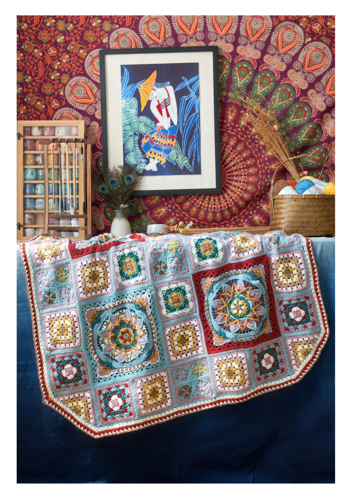 Blue dyed patchwork blanket,DIY crochet,blanket,material package