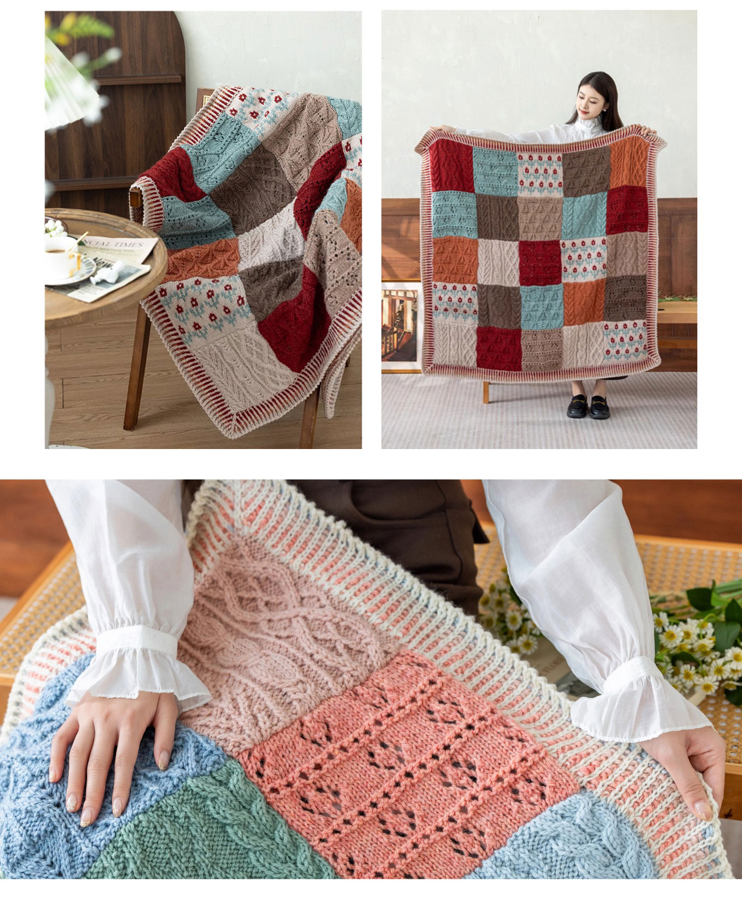 Color block plaid,patchwork blanket,handmade crochet,wool blanket,homemade,material package