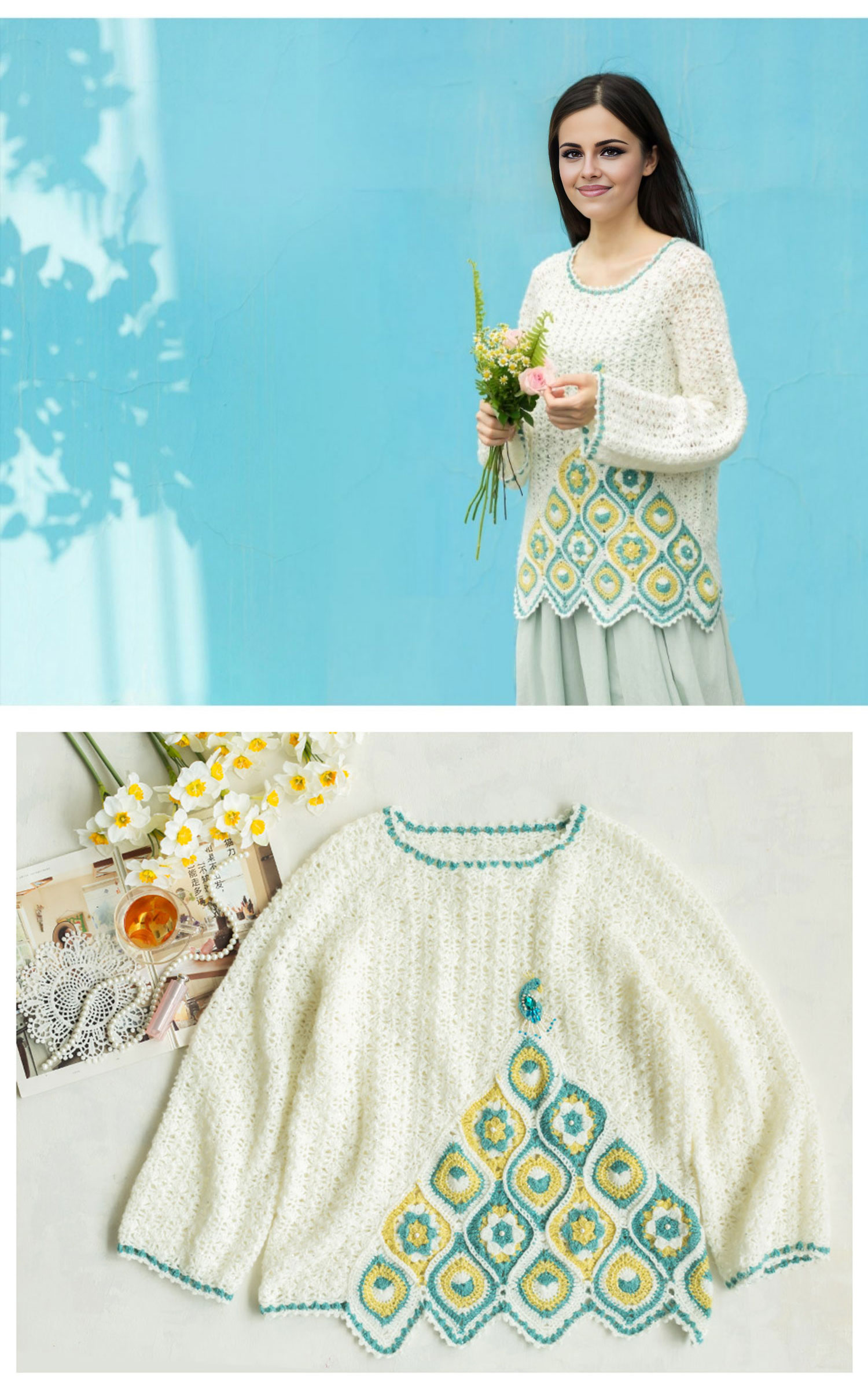 Colorful cloud,peacock feather,pattern,sweater,handmade DIY,crochet clothes,material package
