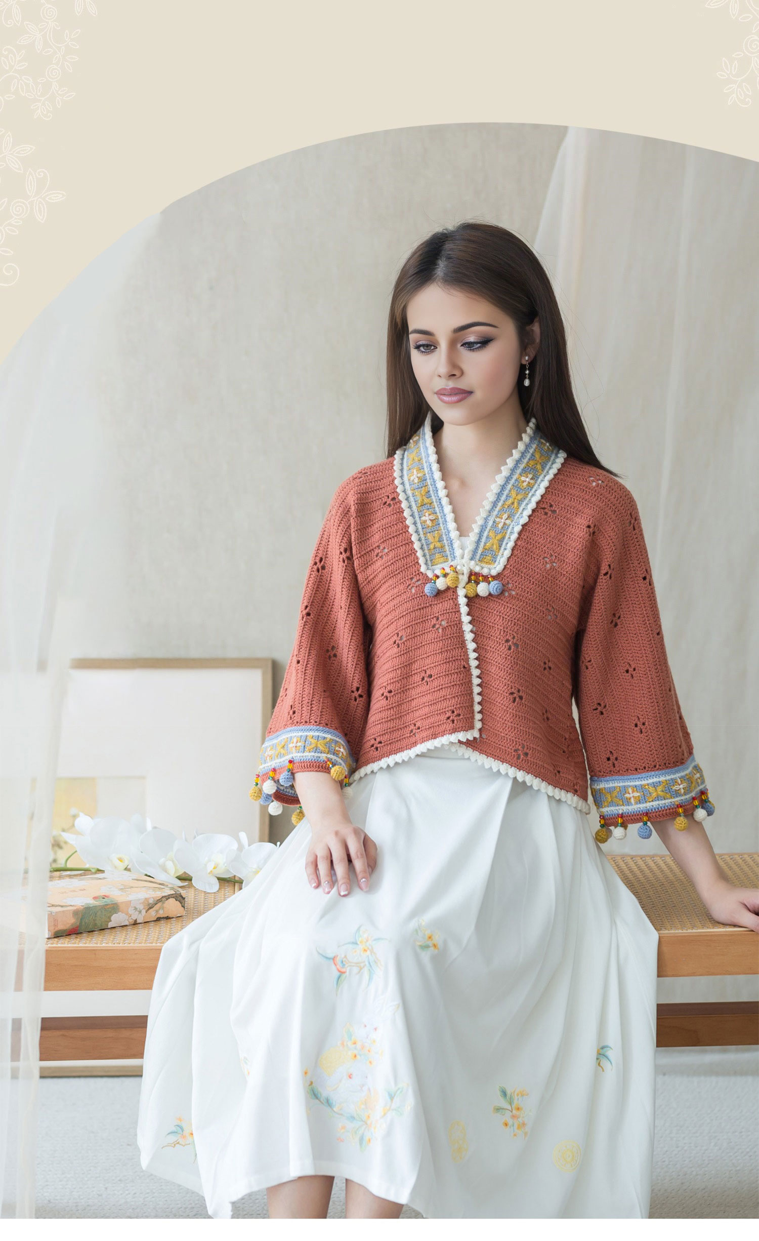 Gold yarn,jacquard short,cardigan,hand-woven,crochet clothes,material package
