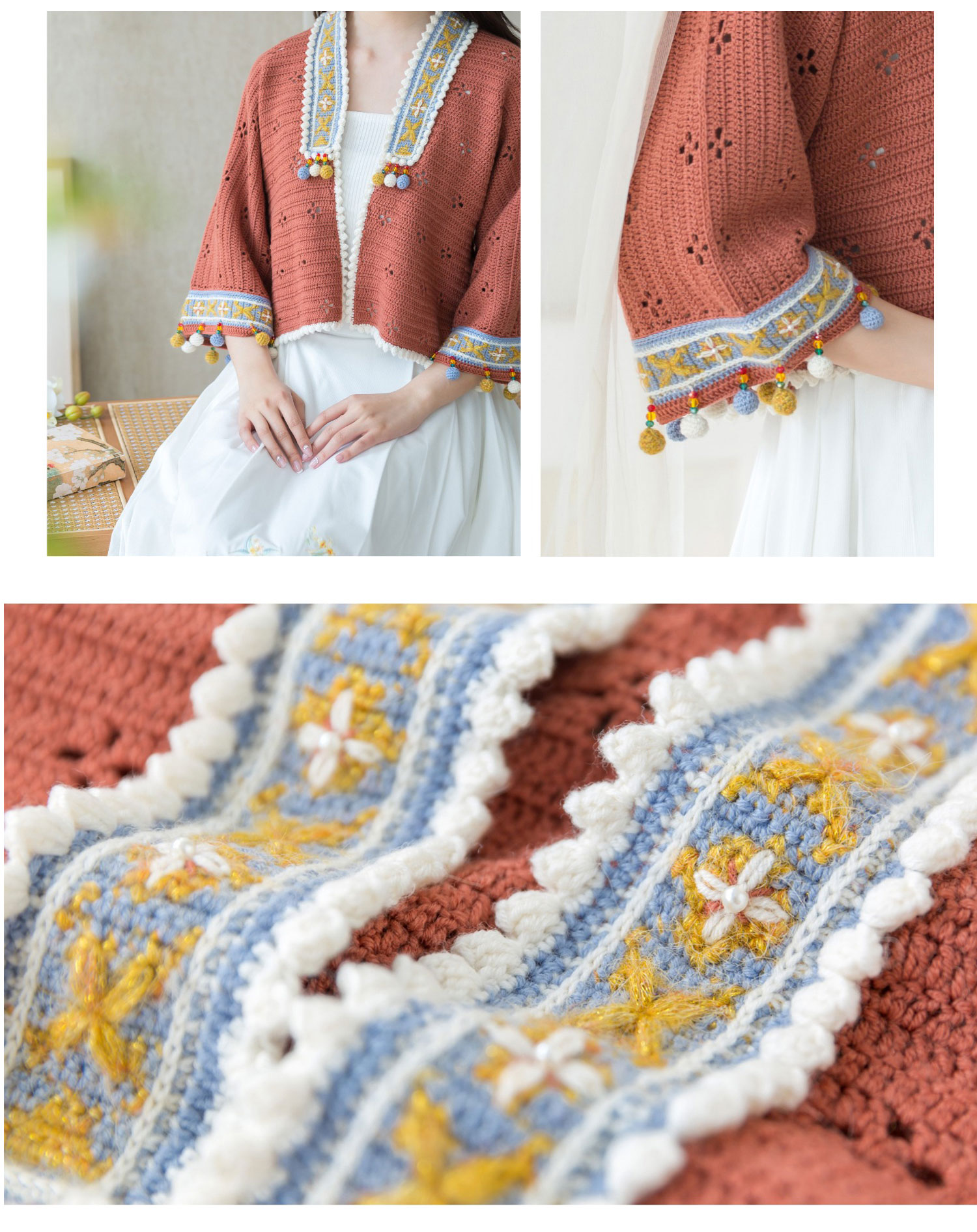 Gold yarn,jacquard short,cardigan,hand-woven,crochet clothes,material package