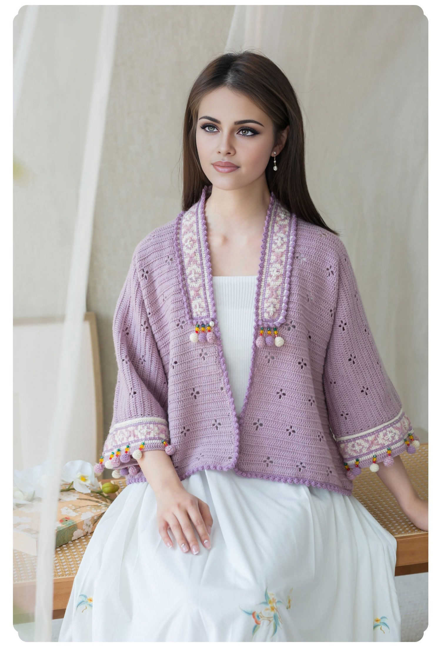 Gold yarn,jacquard short,cardigan,hand-woven,crochet clothes,material package