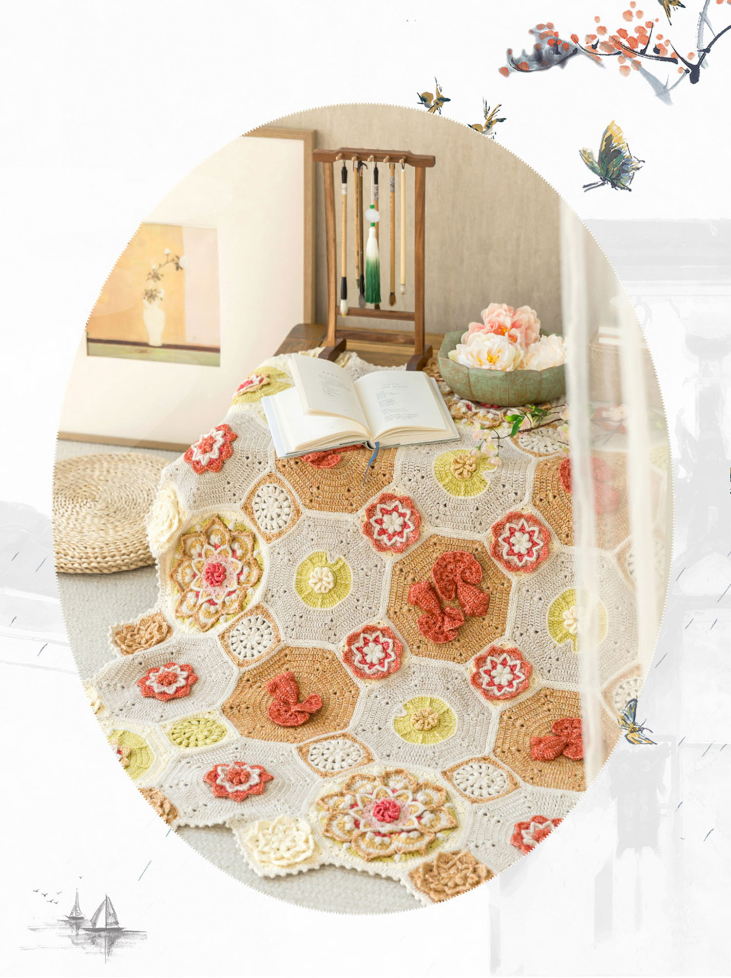 Goldfish and lotus patchwork blanket,crochet,handmade DIY blanket,wool ball,material package