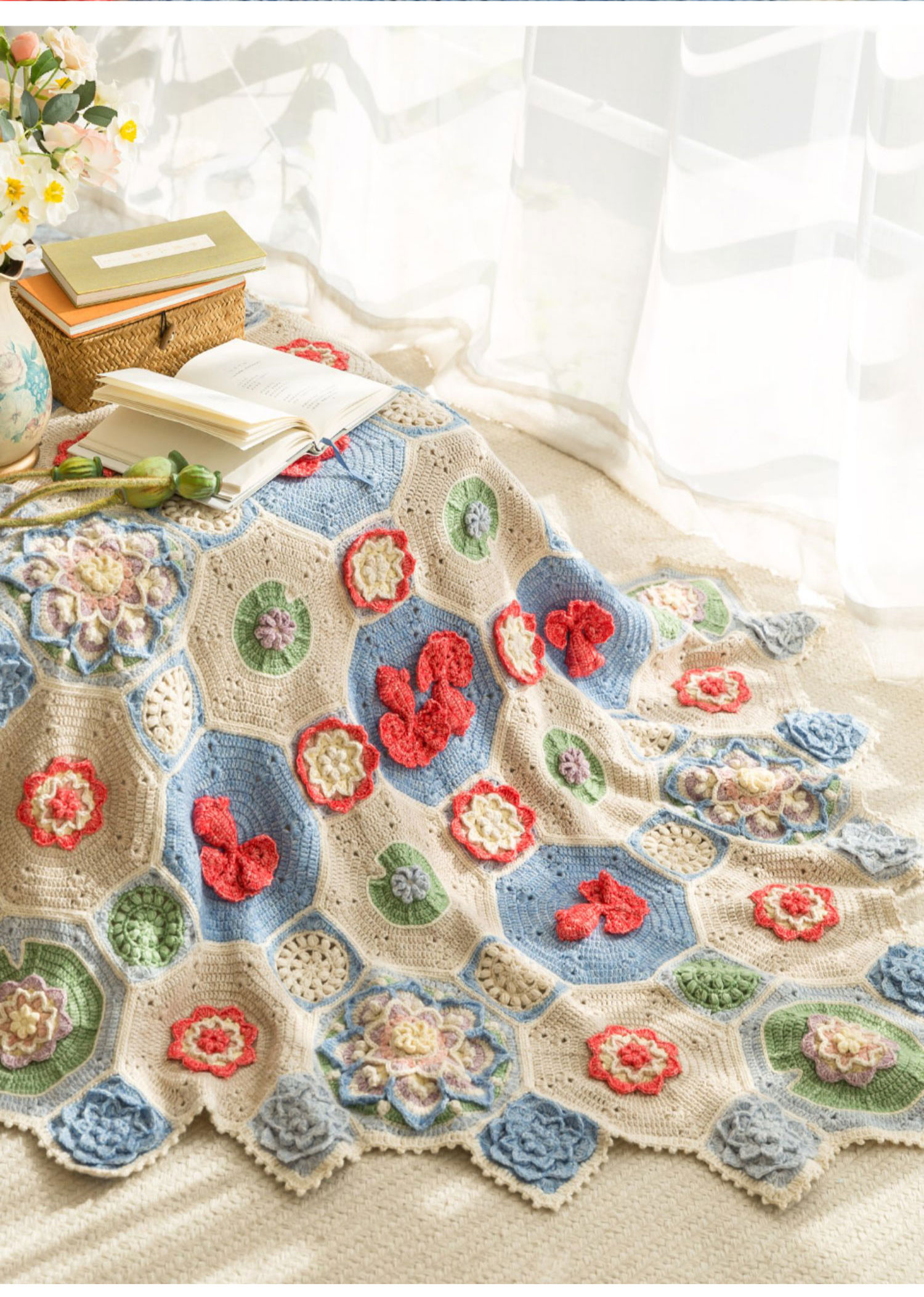 Goldfish and lotus patchwork blanket,crochet,handmade DIY blanket,wool ball,material package