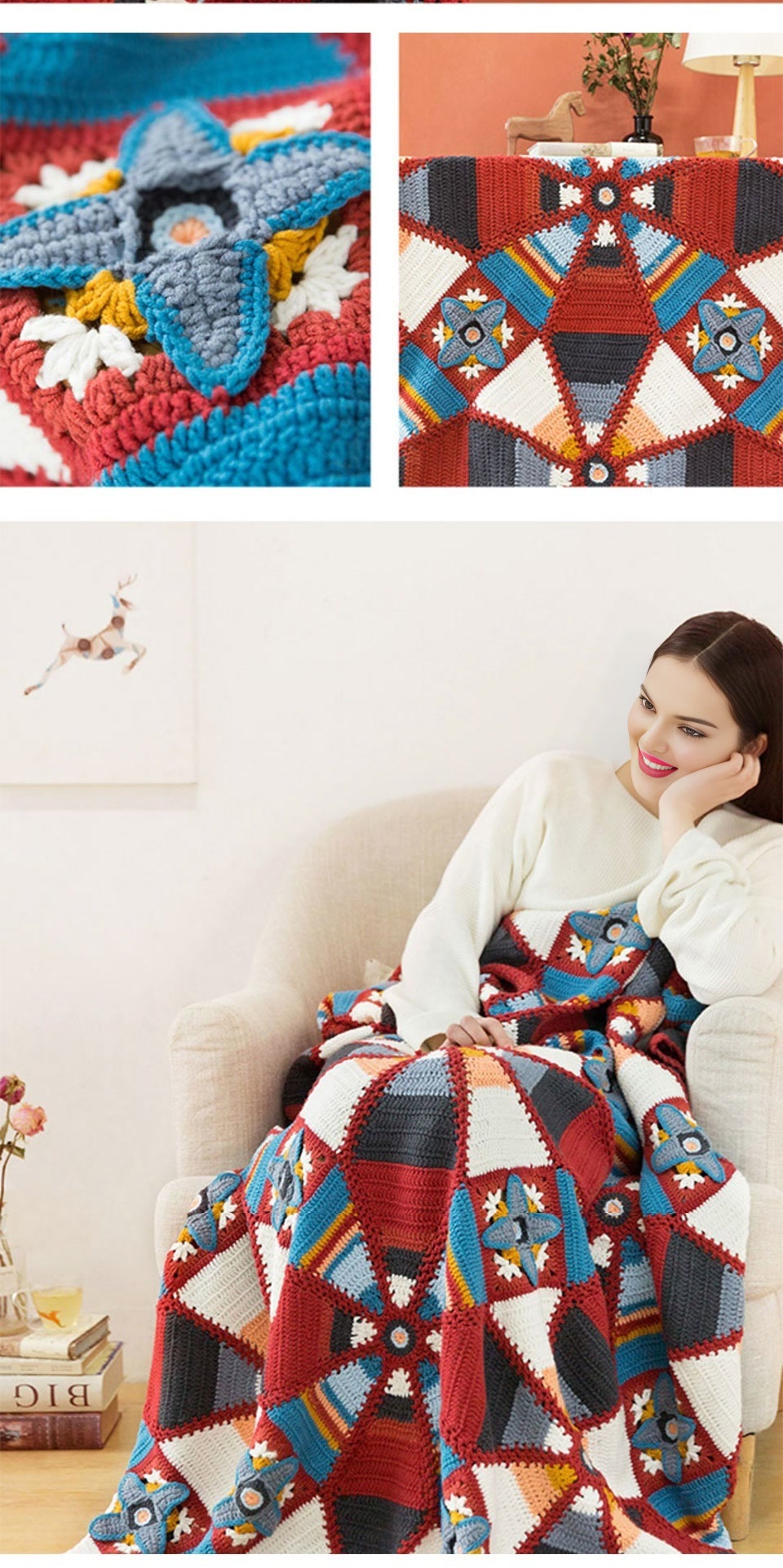 Kaleidoscope pattern patchwork blanket,handmade,diy crochet,cotton yarn