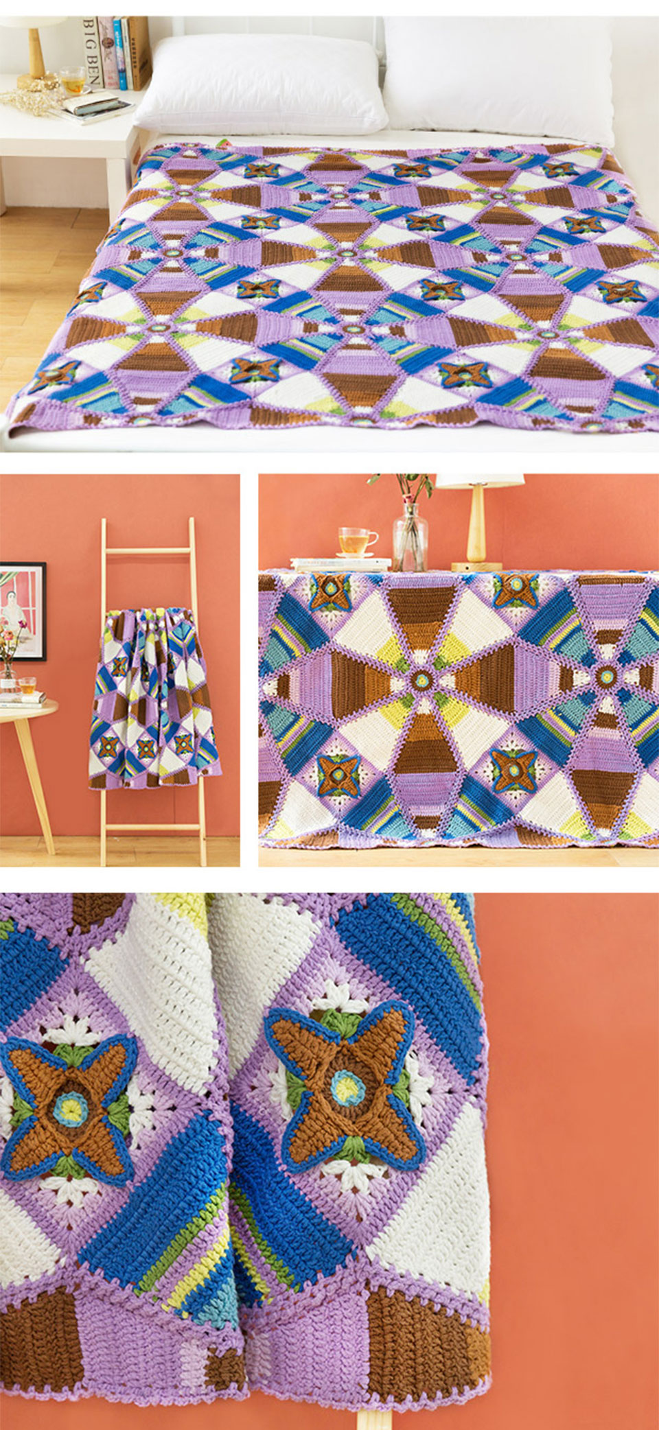 Kaleidoscope pattern patchwork blanket,handmade,diy crochet,cotton yarn