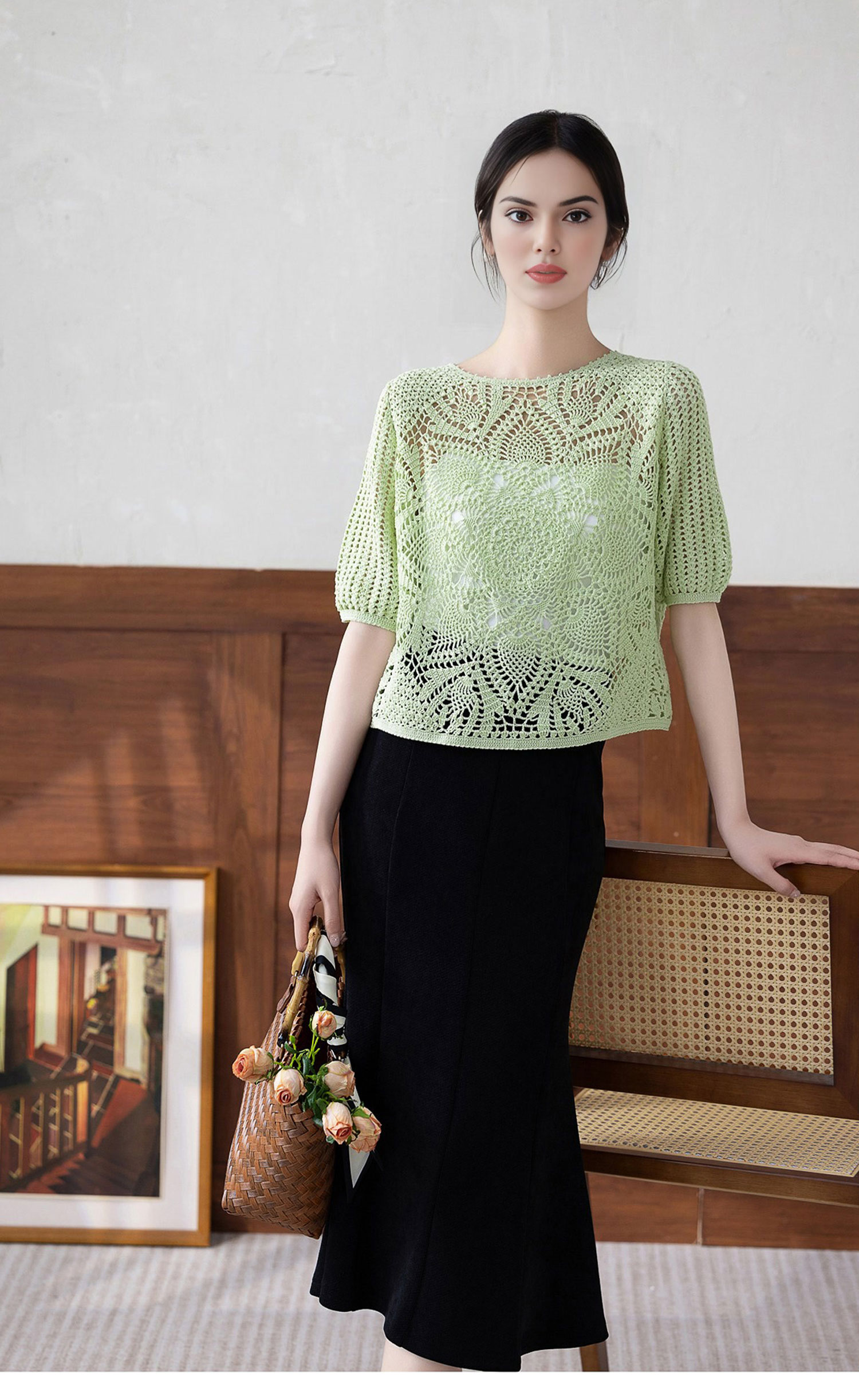 Lace thread hollow pineapple flower,short-sleeved top,handmade DIY,crochet clothes,material package