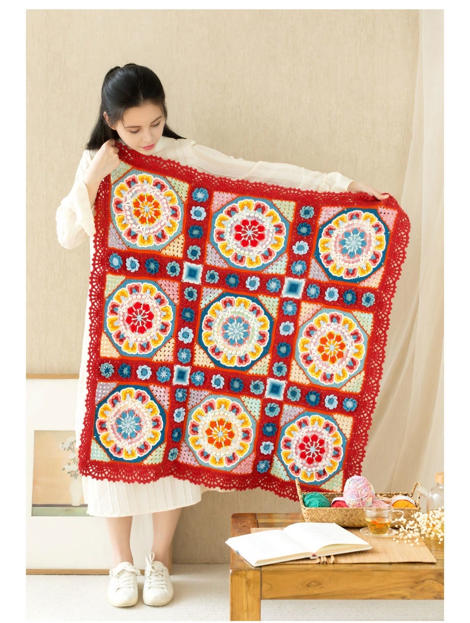 Lotus Nine-square Blanket,Milk Cotton,Hand-woven Blanket,Crochet Material Pack