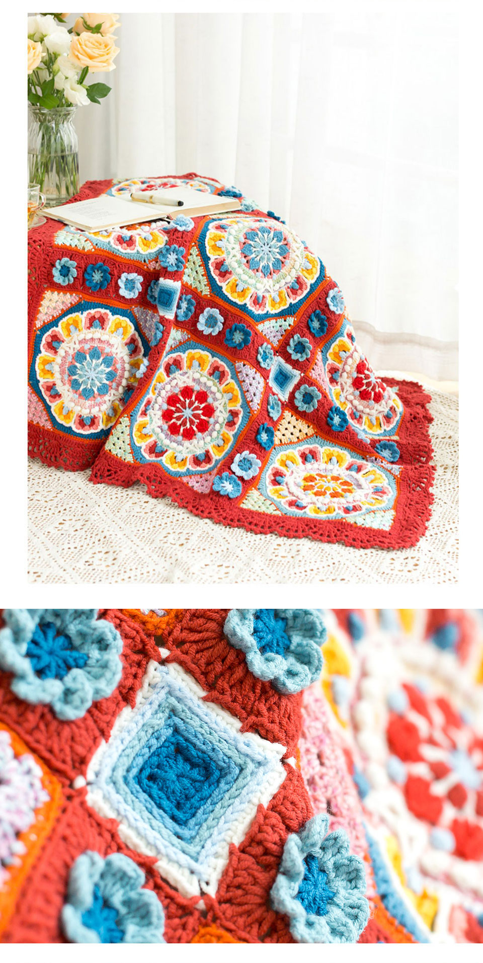 Lotus Nine-square Blanket,Milk Cotton,Hand-woven Blanket,Crochet Material Pack