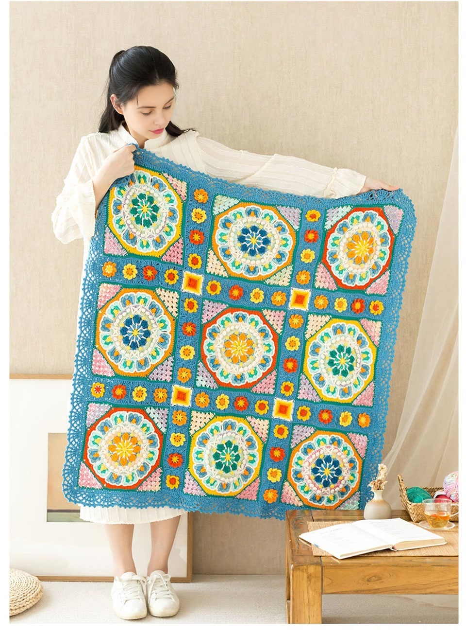 Lotus Nine-square Blanket,Milk Cotton,Hand-woven Blanket,Crochet Material Pack