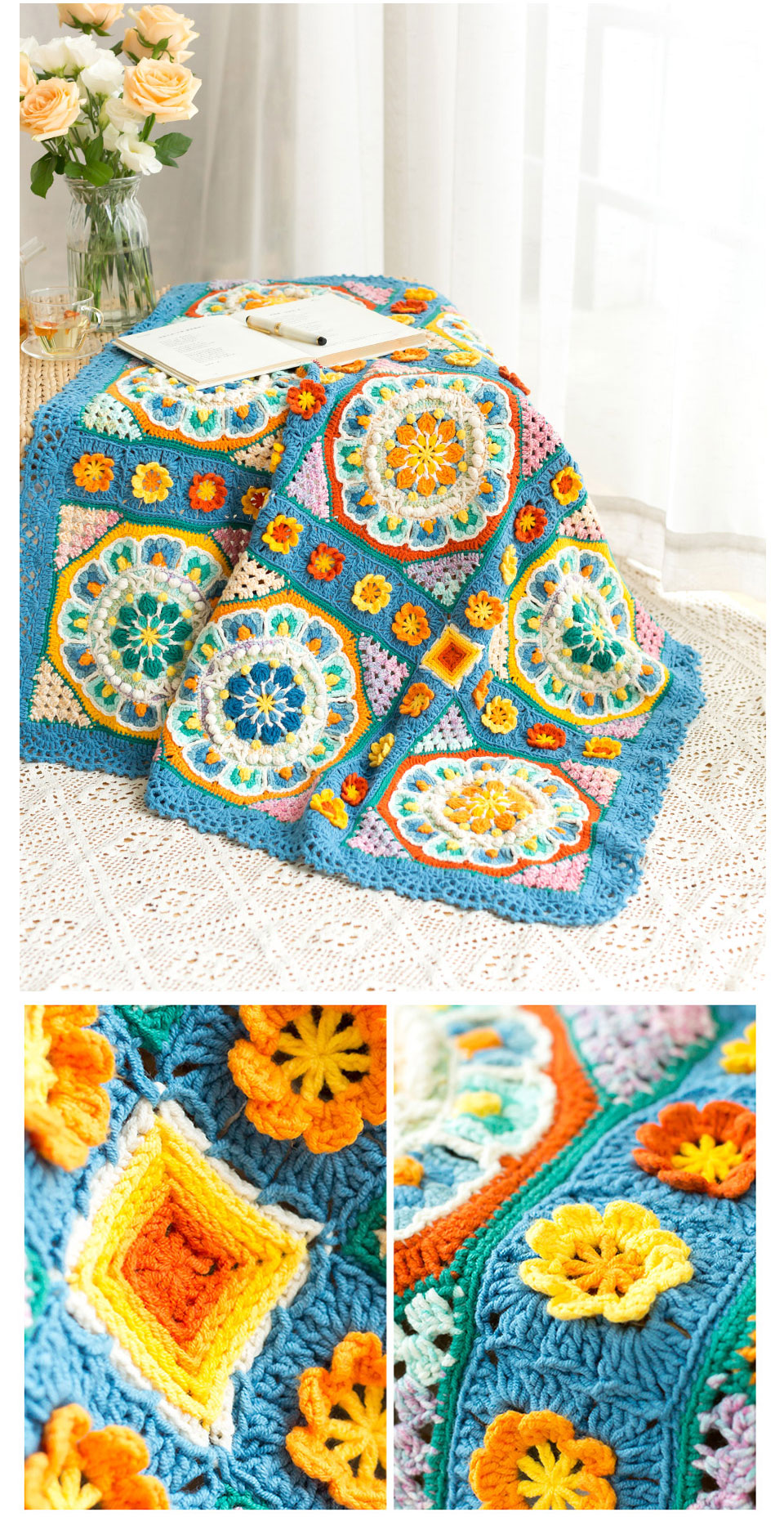 Lotus Nine-square Blanket,Milk Cotton,Hand-woven Blanket,Crochet Material Pack