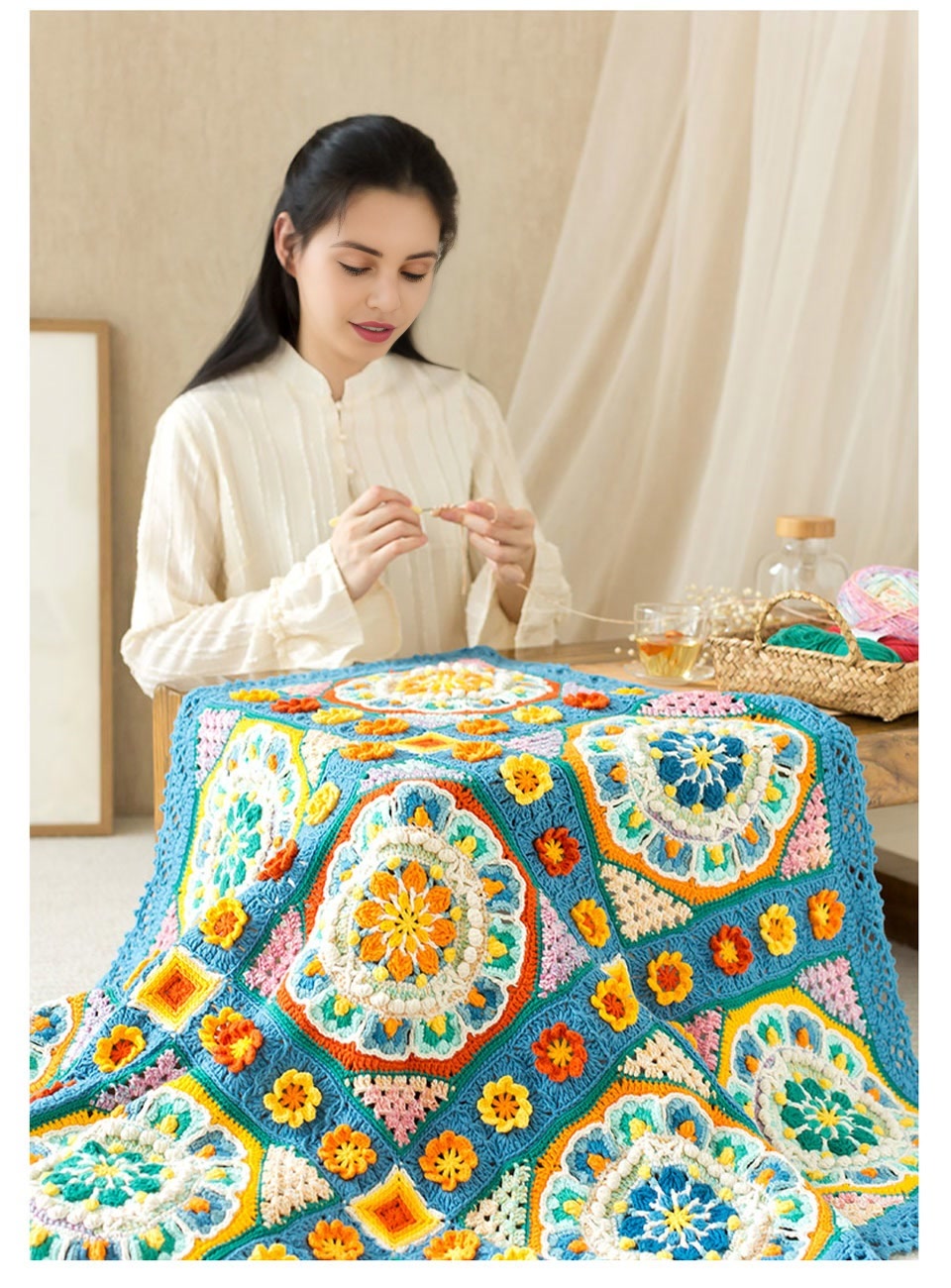 Lotus Nine-square Blanket,Milk Cotton,Hand-woven Blanket,Crochet Material Pack
