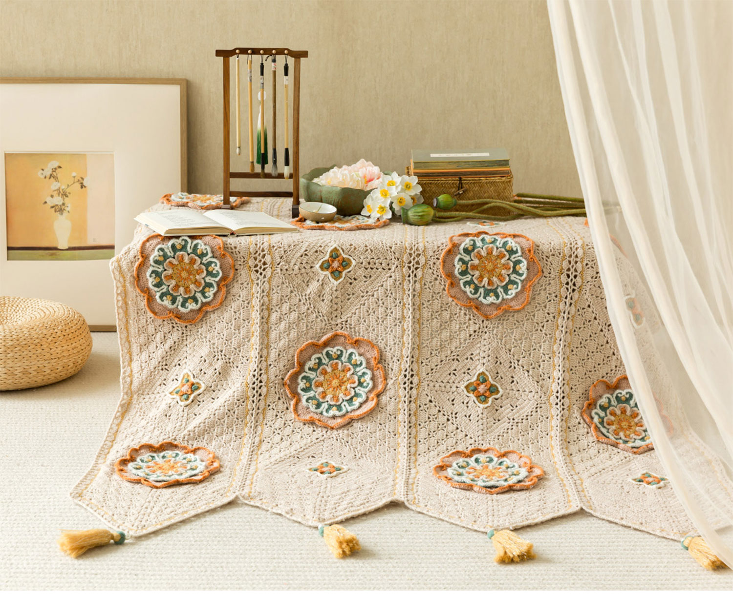 Lotus flower,hollow table runner blanket,handmade DIY,blanket,crochet,handmade wool,homemade,material package