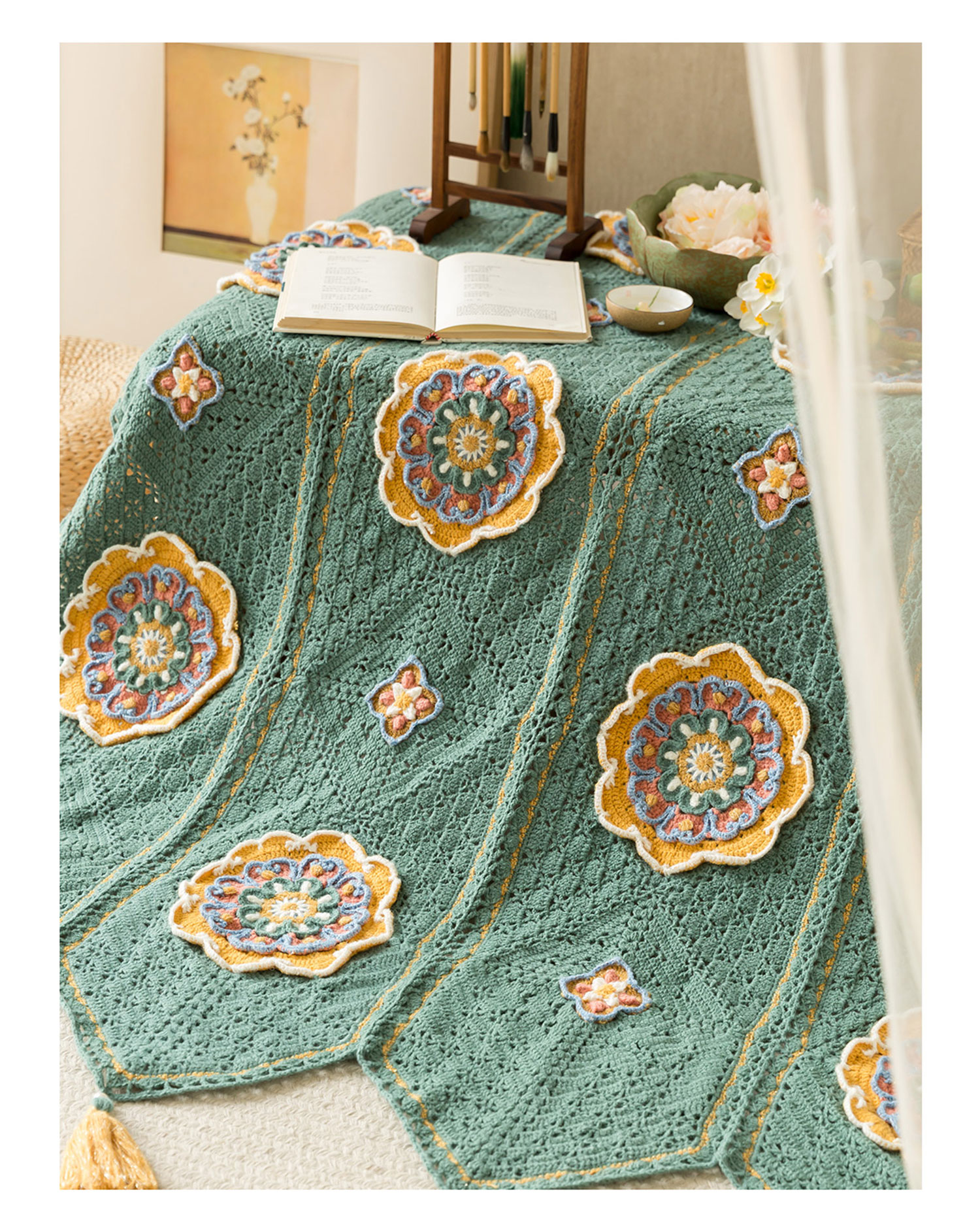Lotus flower,hollow table runner blanket,handmade DIY,blanket,crochet,handmade wool,homemade,material package