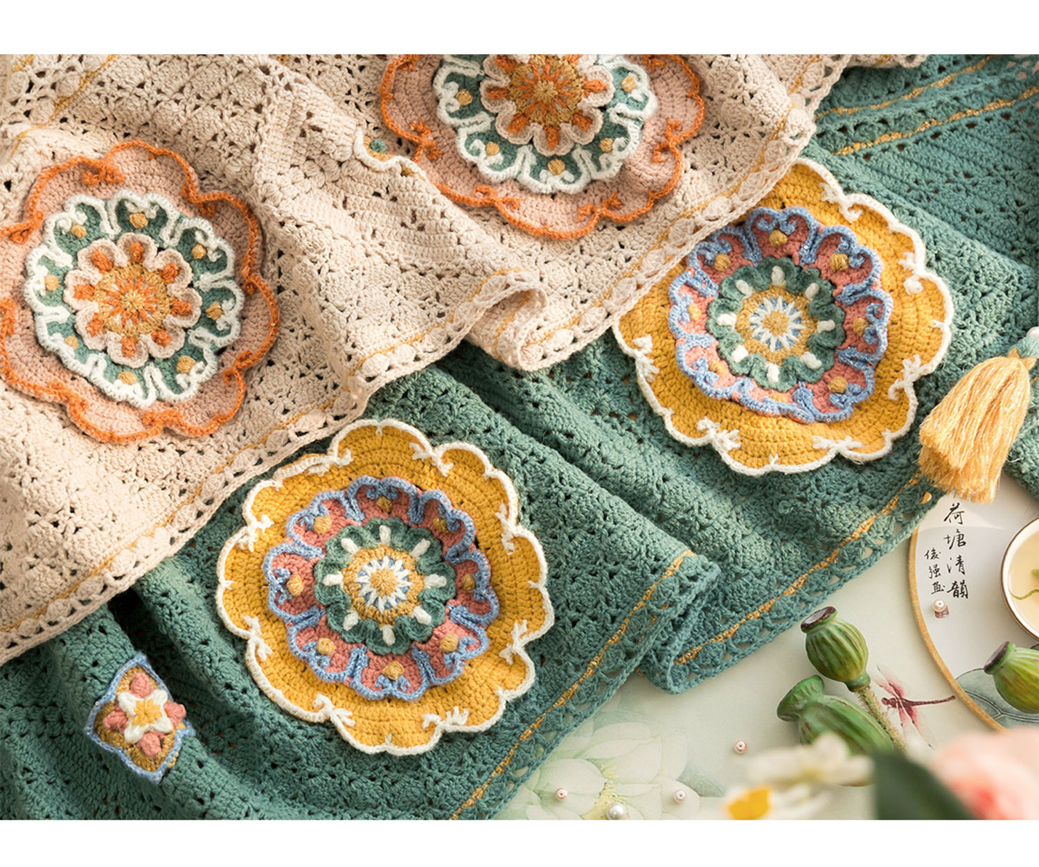 Lotus flower,hollow table runner blanket,handmade DIY,blanket,crochet,handmade wool,homemade,material package