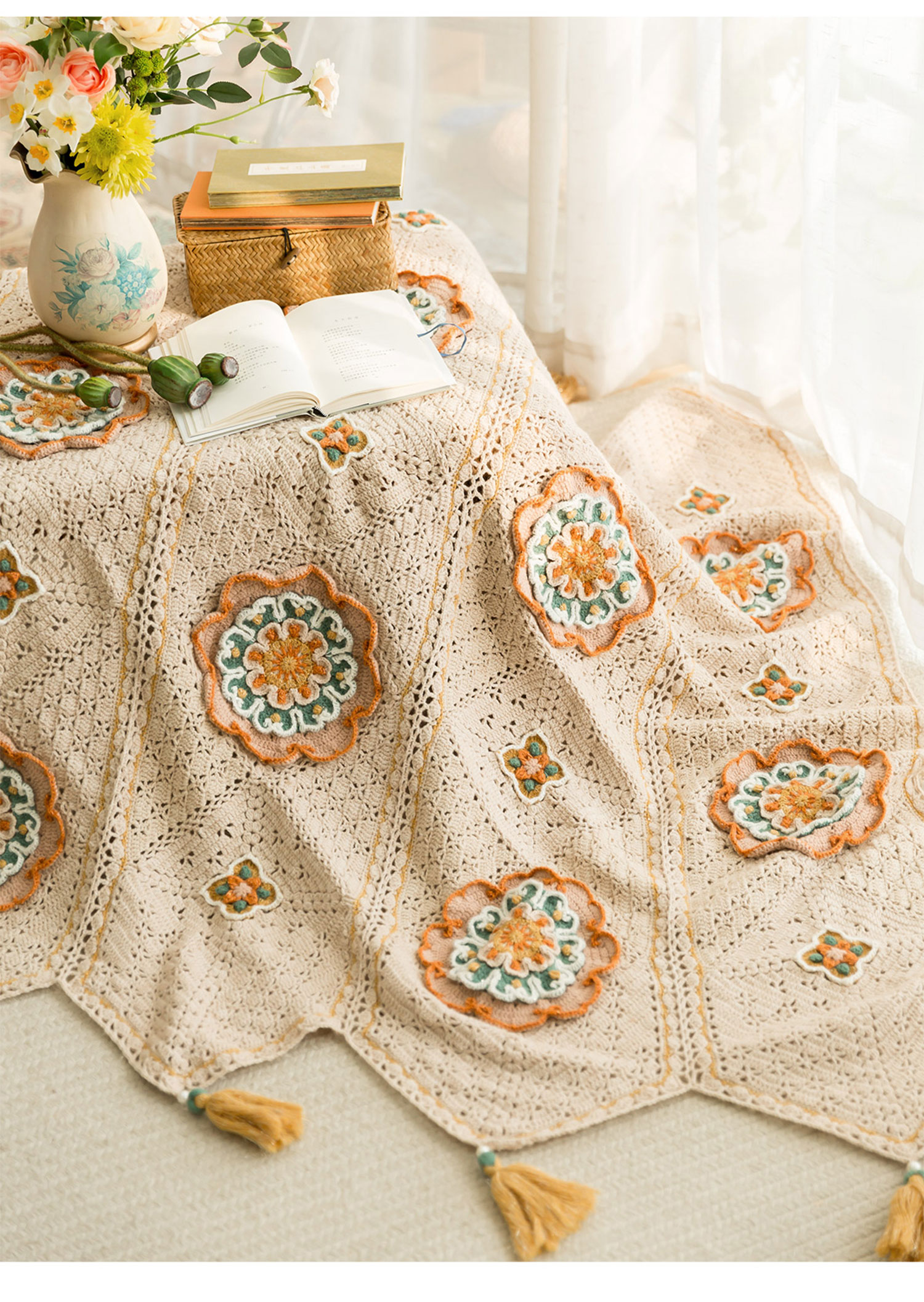 Lotus flower,hollow table runner blanket,handmade DIY,blanket,crochet,handmade wool,homemade,material package