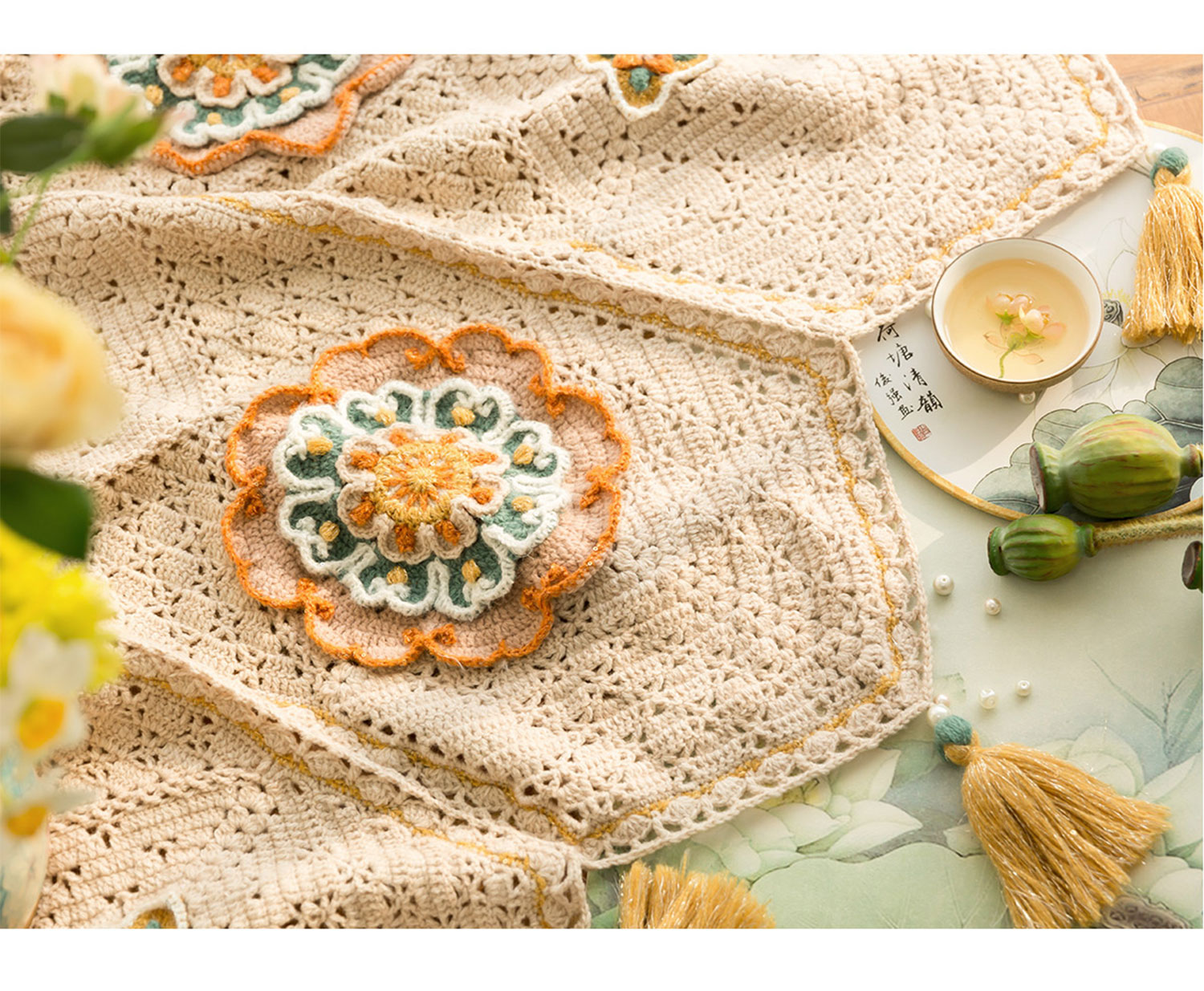 Lotus flower,hollow table runner blanket,handmade DIY,blanket,crochet,handmade wool,homemade,material package