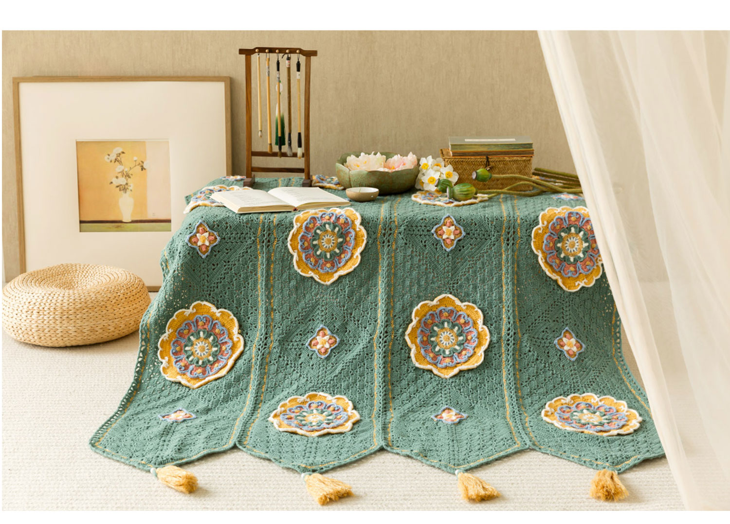 Lotus flower,hollow table runner blanket,handmade DIY,blanket,crochet,handmade wool,homemade,material package