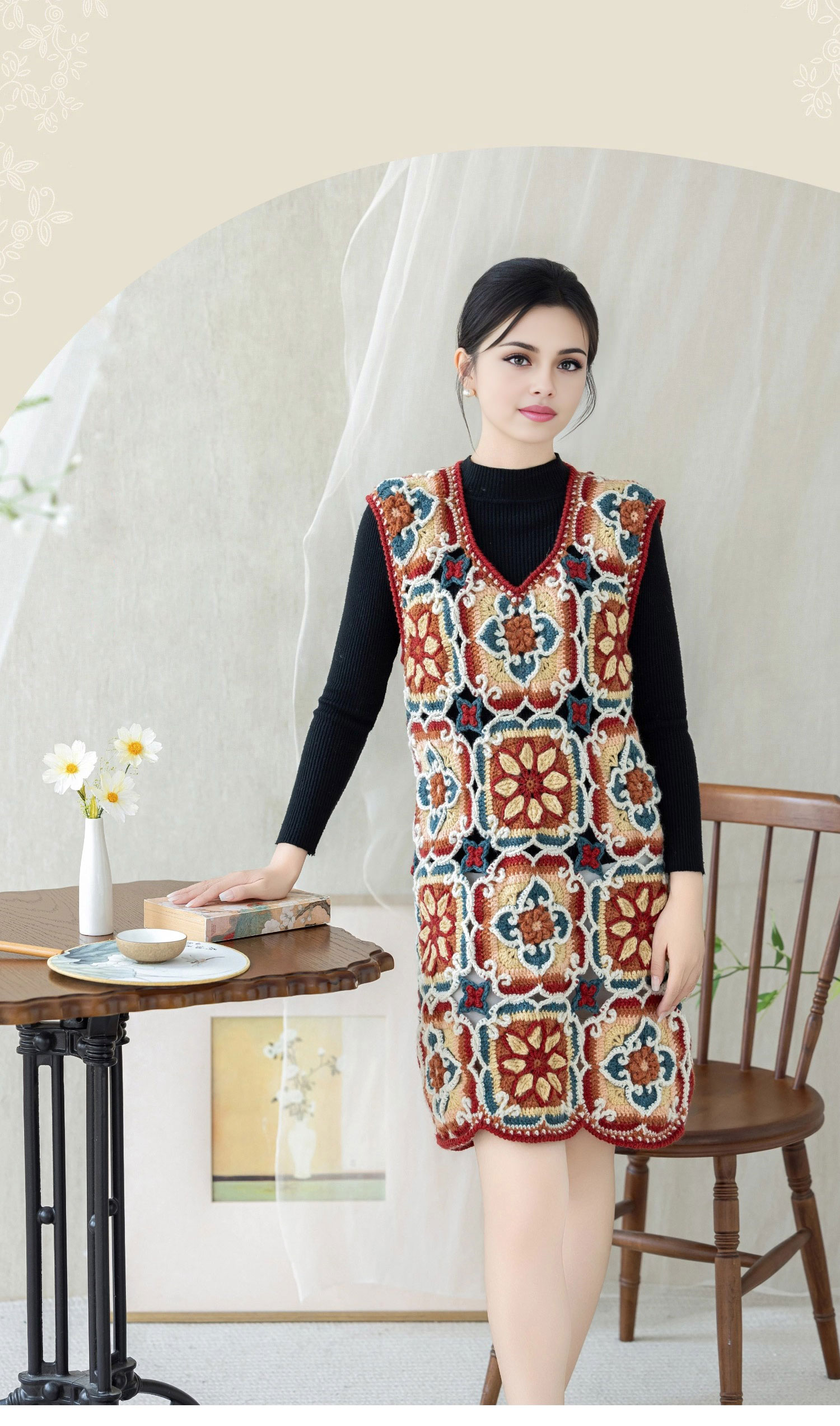 Lotus flower,patchwork vest,handmade,crochet clothes,wool vest,material package