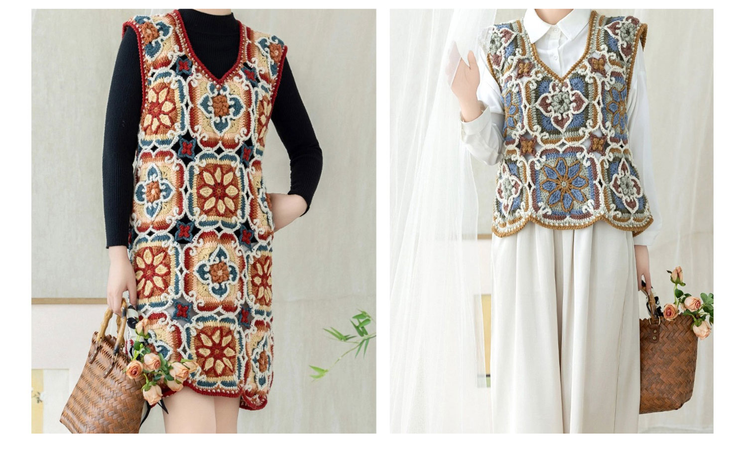 Lotus flower,patchwork vest,handmade,crochet clothes,wool vest,material package