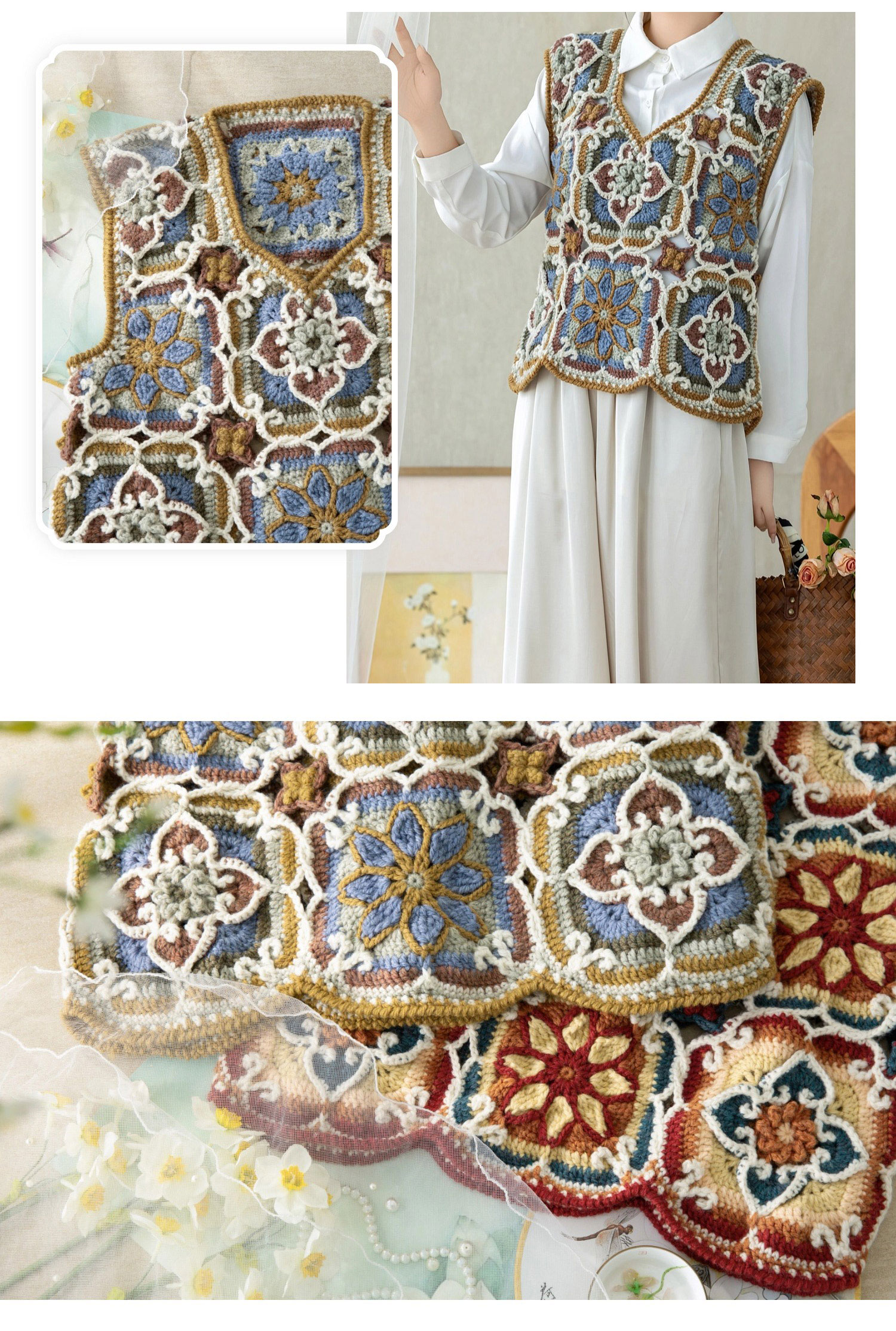 Lotus flower,patchwork vest,handmade,crochet clothes,wool vest,material package