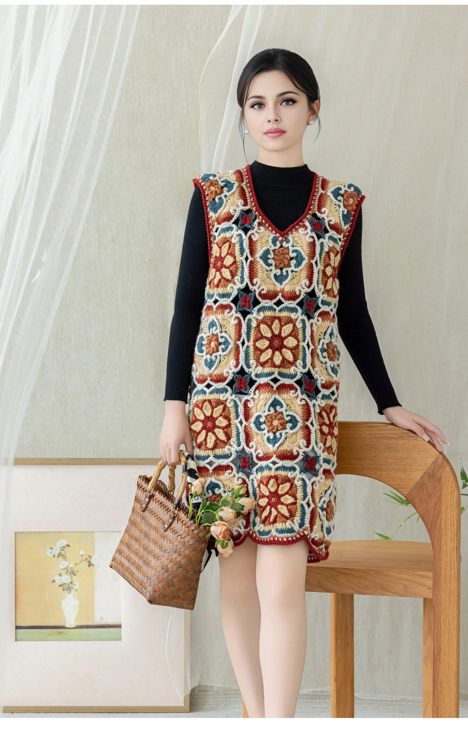 Lotus flower,patchwork vest,handmade,crochet clothes,wool vest,material package