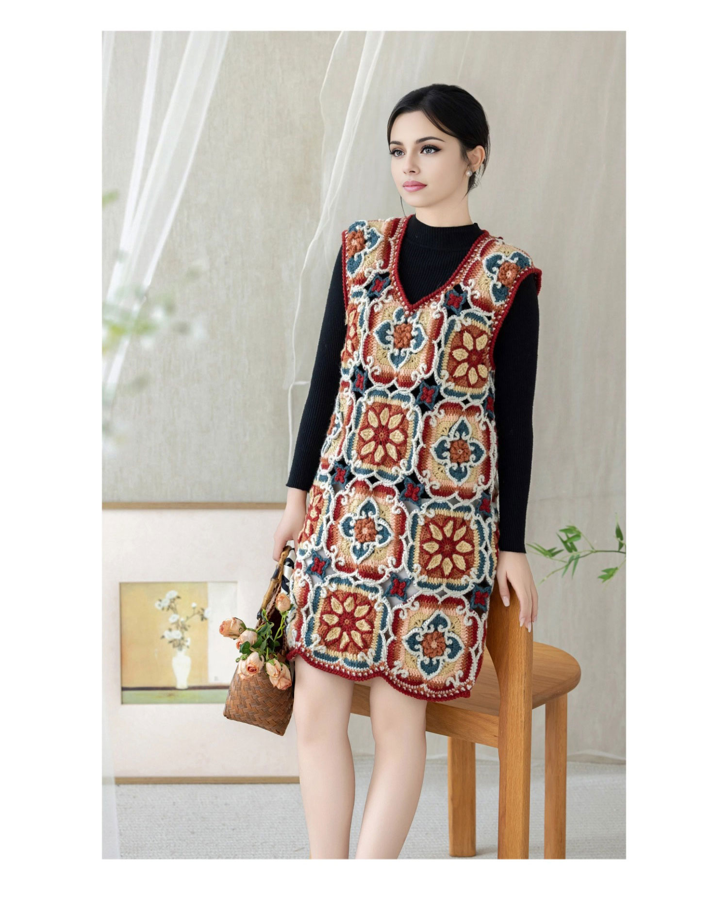 Lotus flower,patchwork vest,handmade,crochet clothes,wool vest,material package