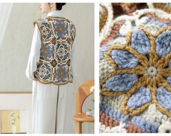Lotus flower patchwork vest handmade crochet clothes wool vest material package