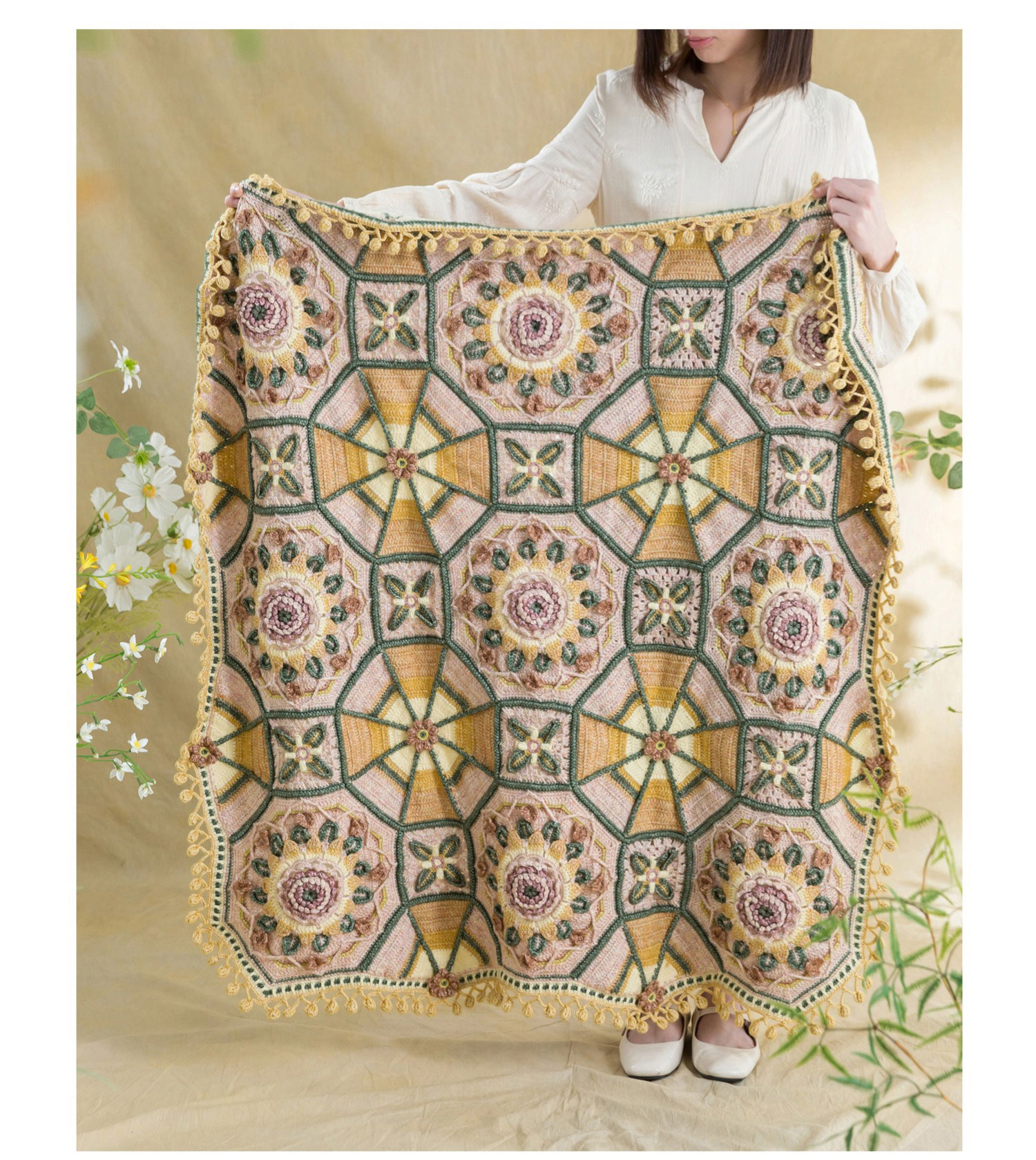 Lotus,sunflower,patchwork blanket,crochet handmade DIY,blanket,material package