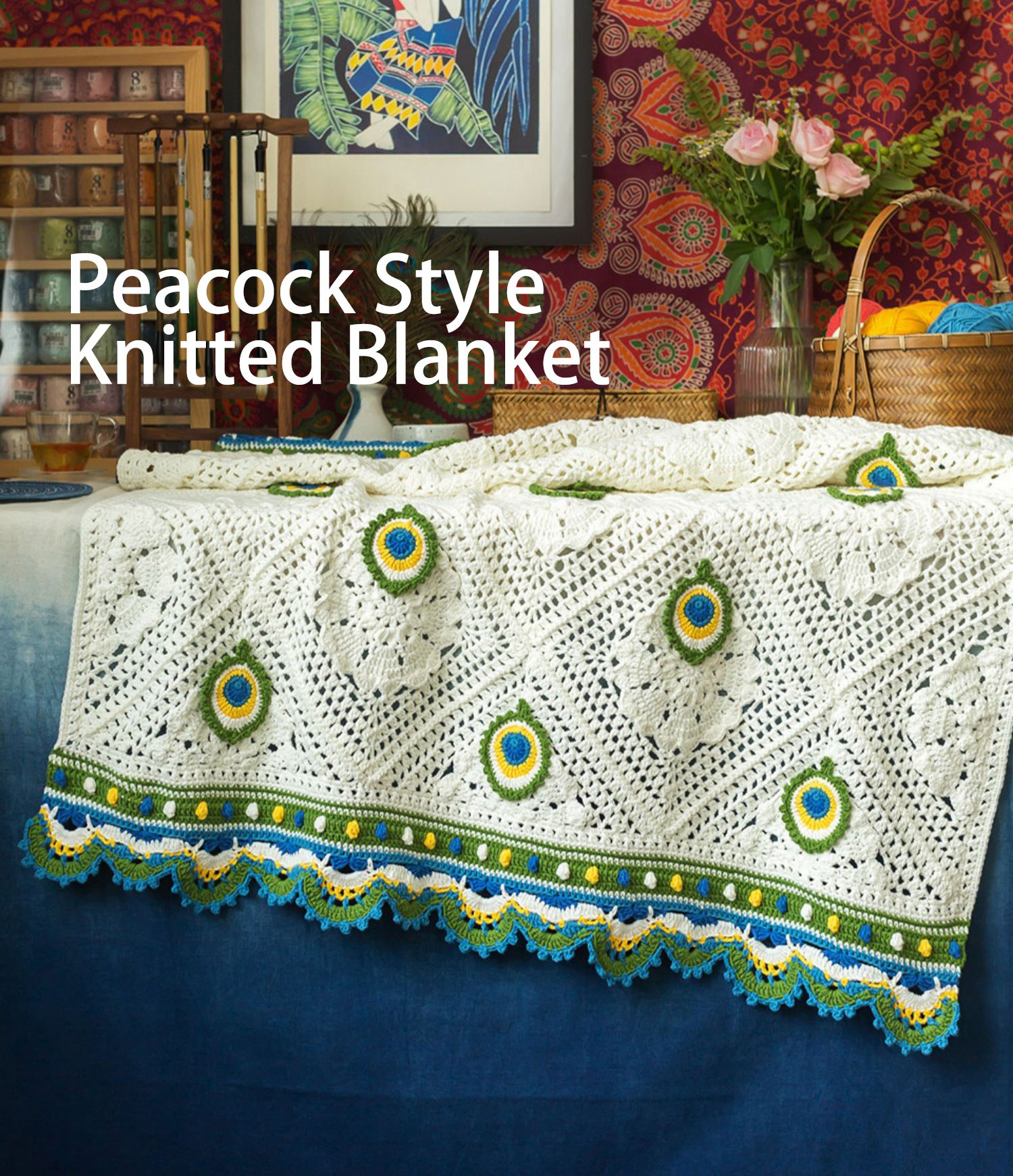 Peacock blanket,handmade crochet,wool ball,milk cotton,material package