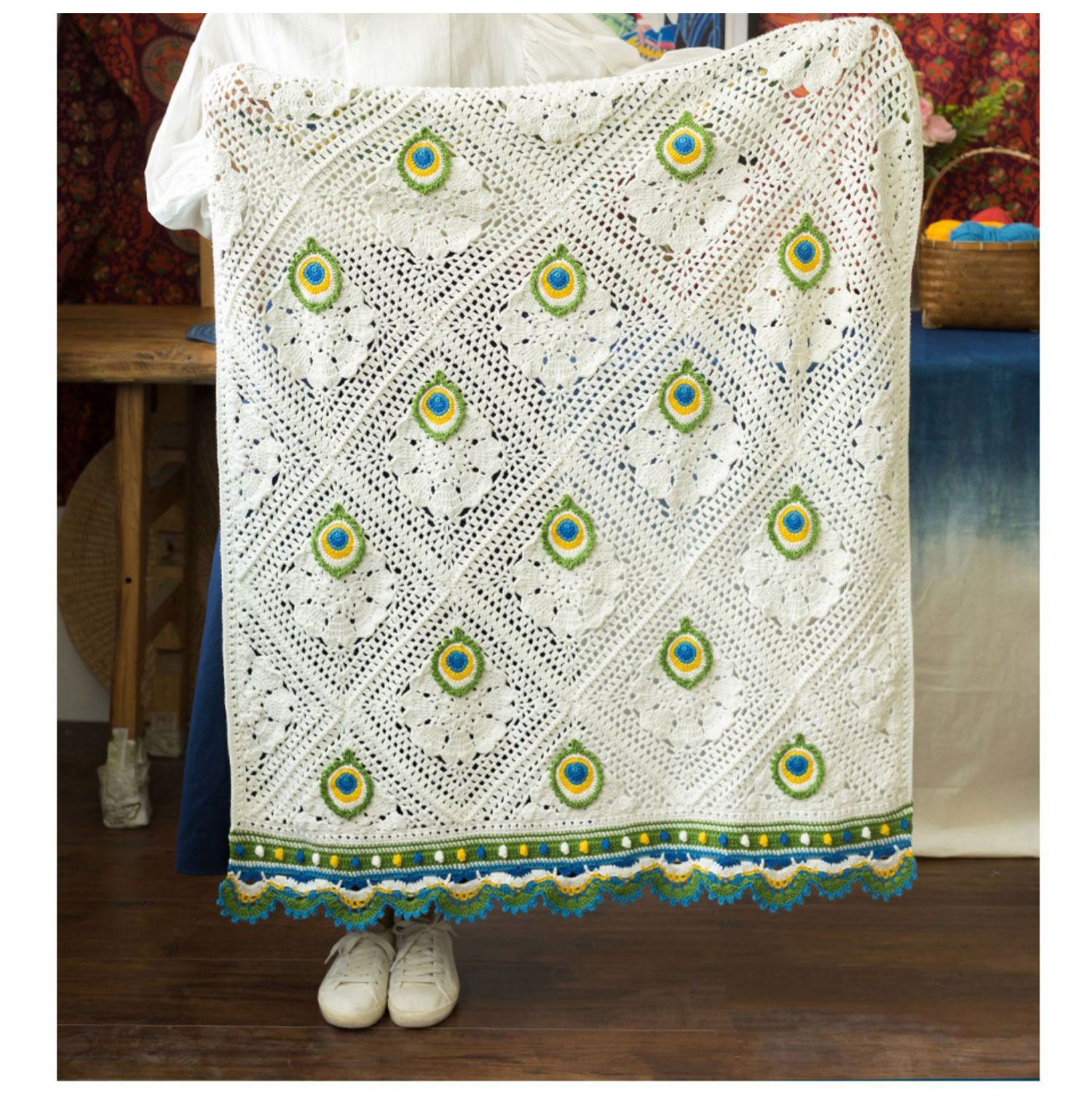 Peacock blanket,handmade crochet,wool ball,milk cotton,material package