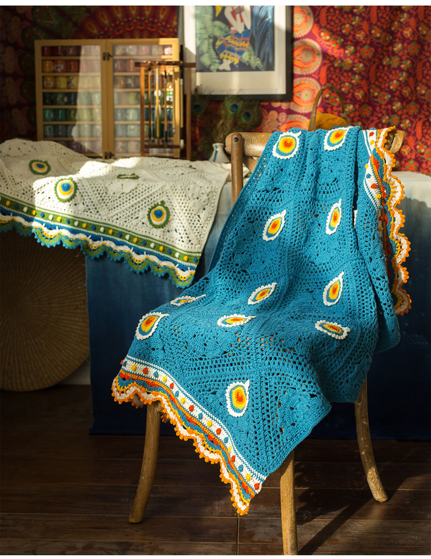 Peacock blanket,handmade crochet,wool ball,milk cotton,material package