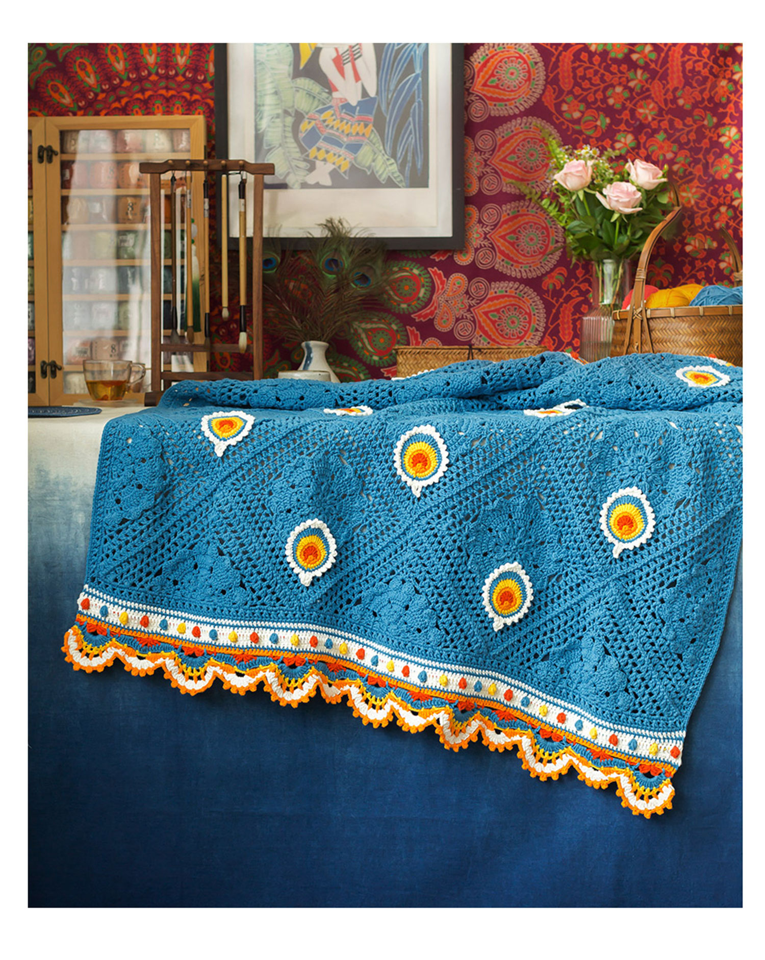 Peacock blanket,handmade crochet,wool ball,milk cotton,material package