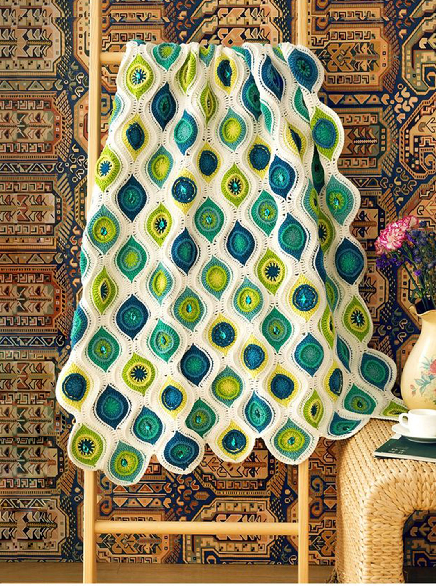 Peacock feather patchwork blanket,hand-woven,wool,crochet blanket,material package