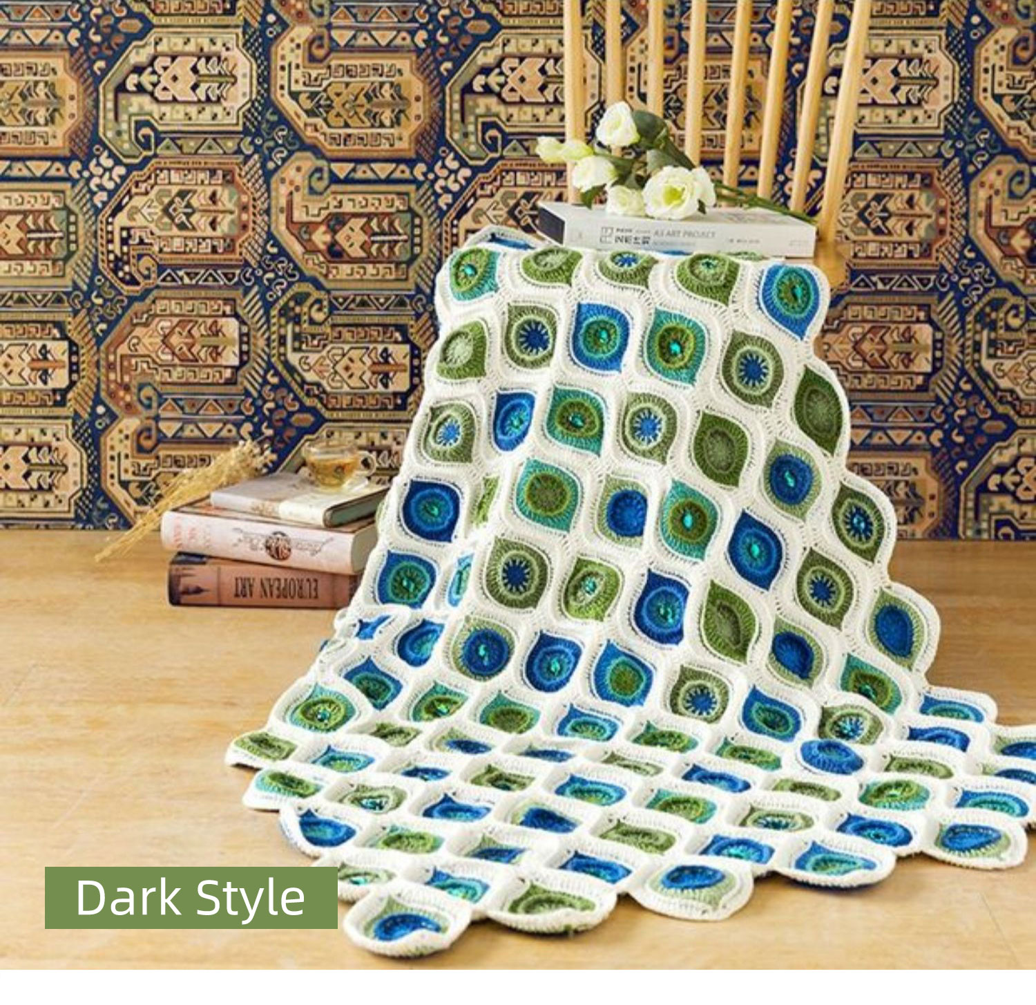 Peacock feather patchwork blanket,hand-woven,wool,crochet blanket,material package