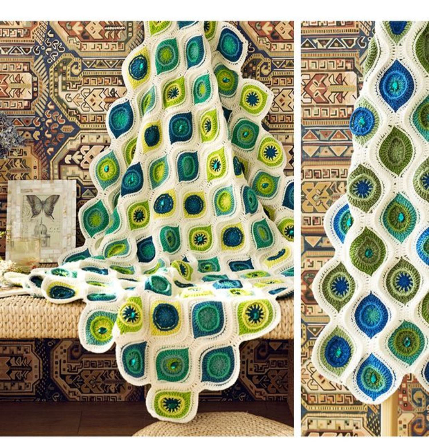 Peacock feather patchwork blanket,hand-woven,wool,crochet blanket,material package