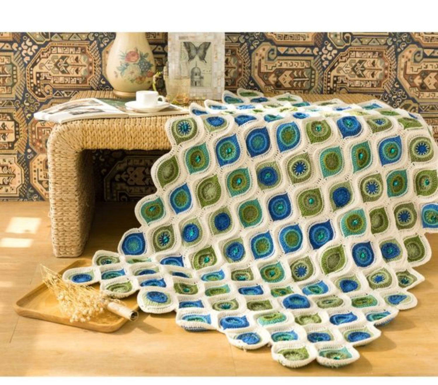 Peacock feather patchwork blanket,hand-woven,wool,crochet blanket,material package