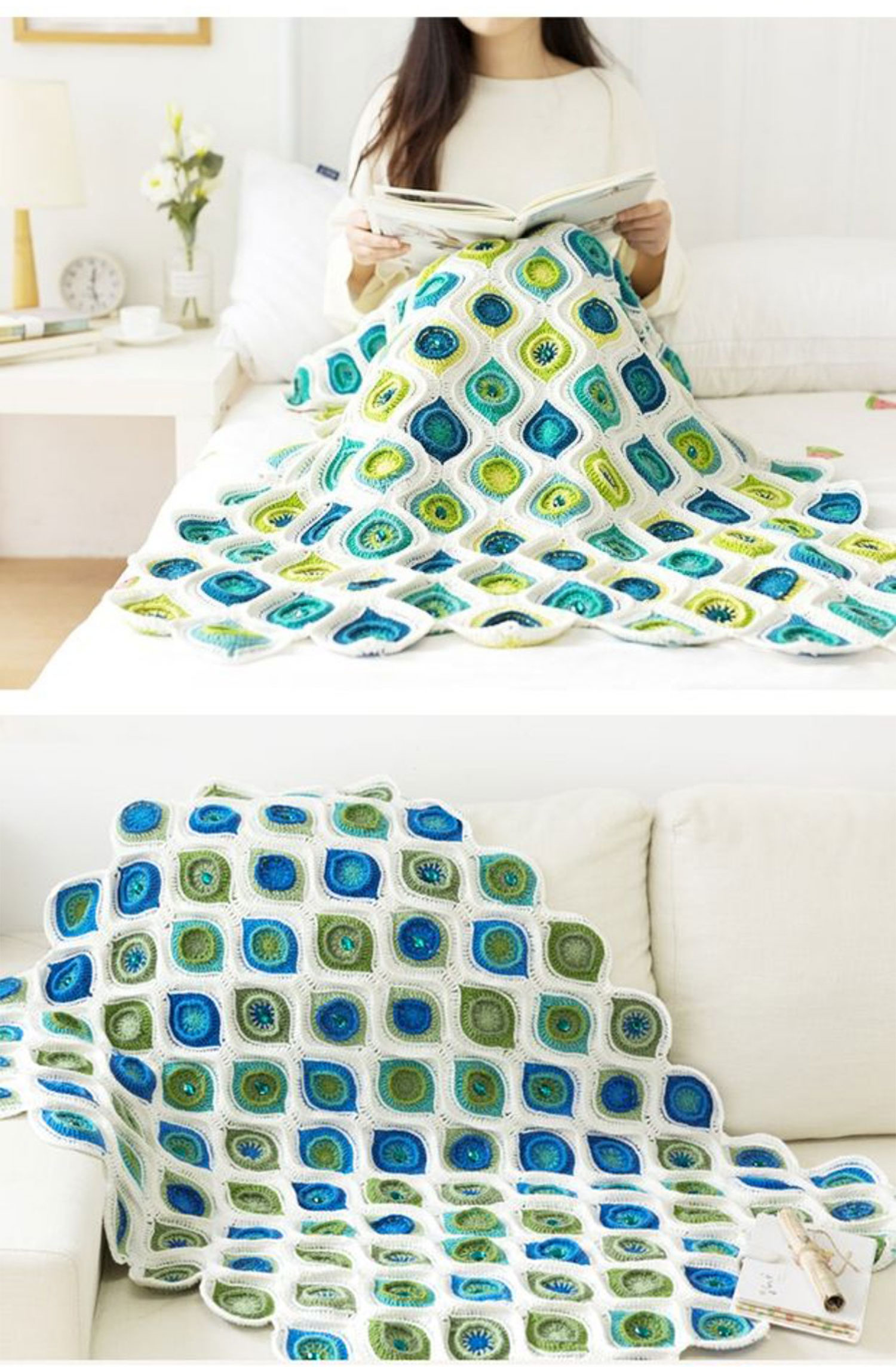 Peacock feather patchwork blanket,hand-woven,wool,crochet blanket,material package