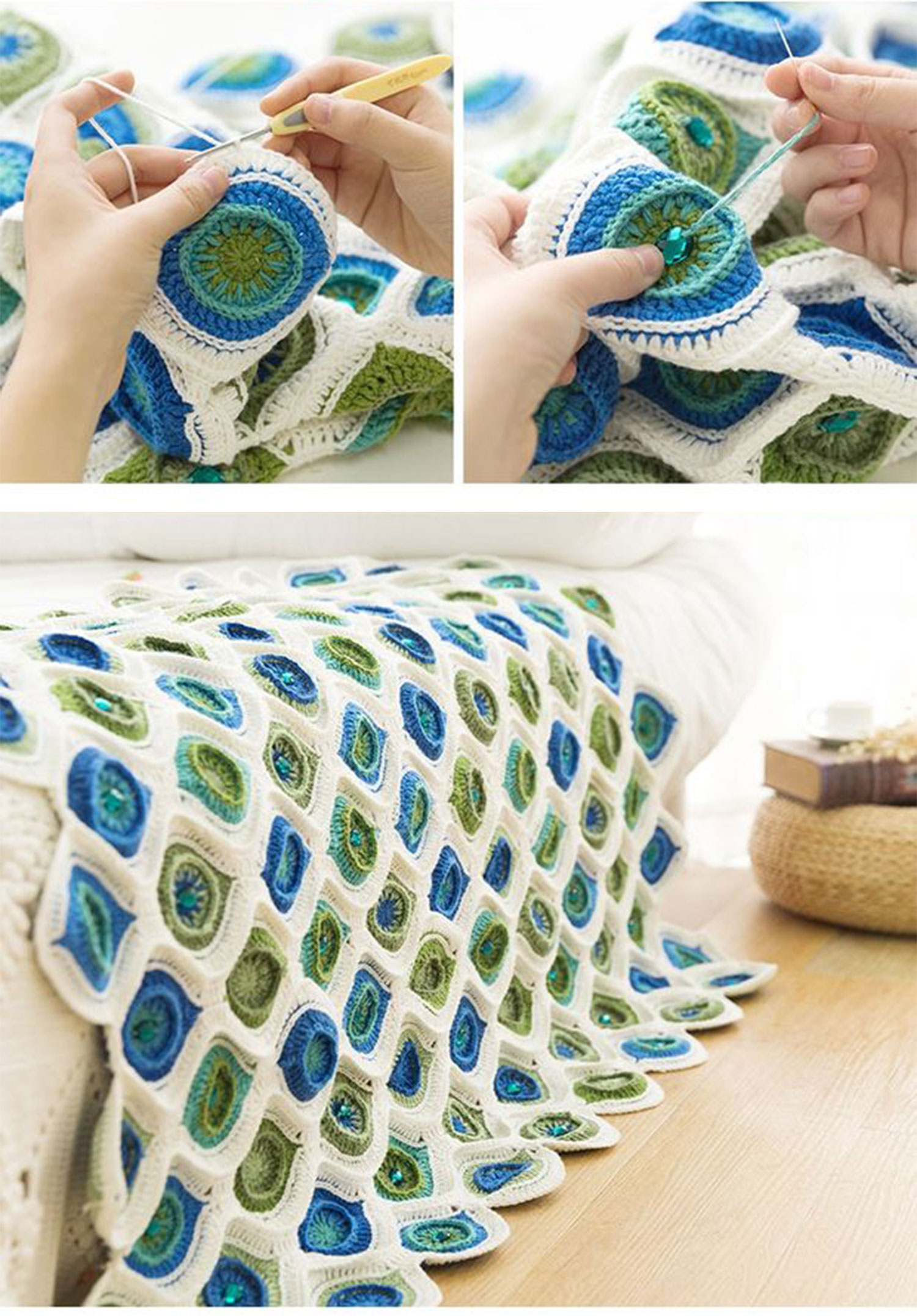 Peacock feather patchwork blanket,hand-woven,wool,crochet blanket,material package
