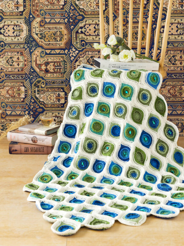 Peacock feather patchwork blanket hand-woven wool crochet blanket material package 119×84cm
