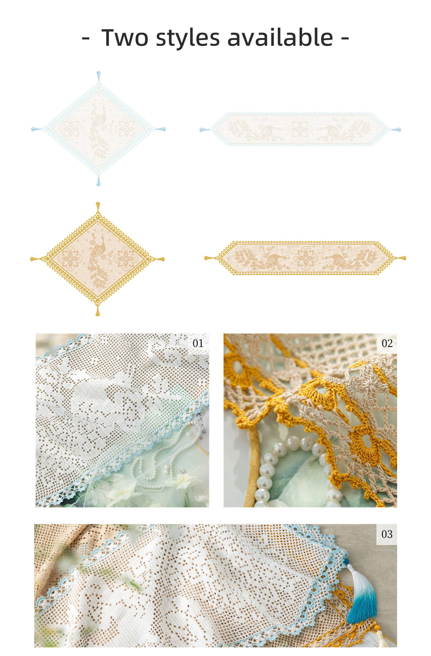 Peacock table,runner & sofa,back cushion,handmade crochet,lace,yarn ball,material package