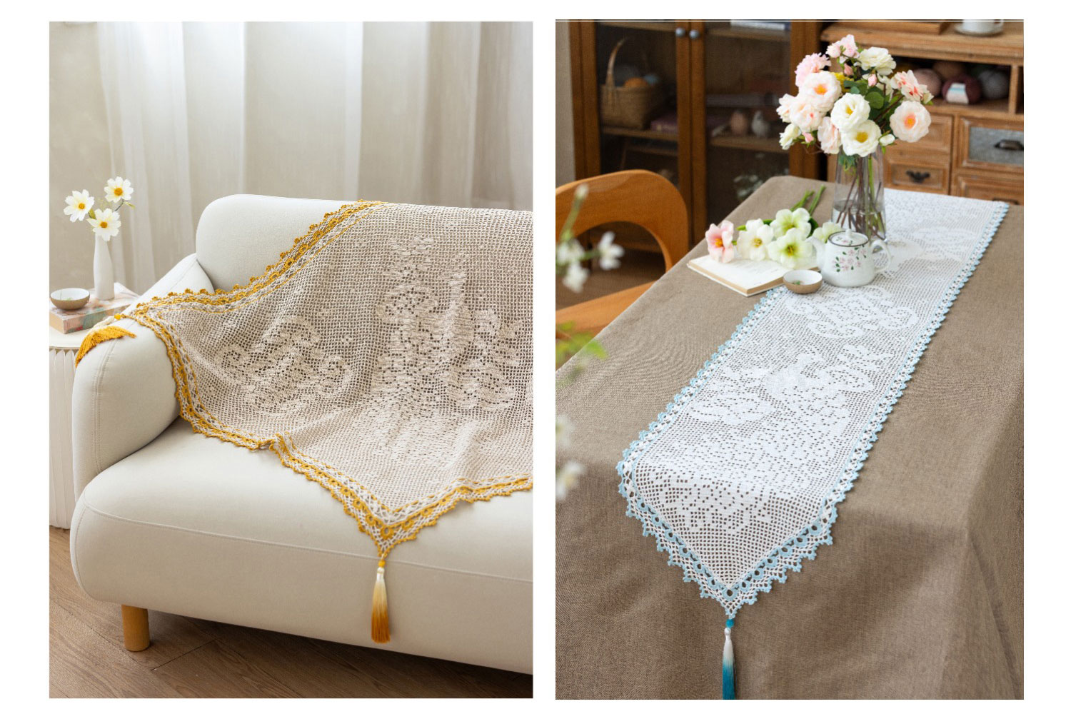 Peacock table,runner & sofa,back cushion,handmade crochet,lace,yarn ball,material package
