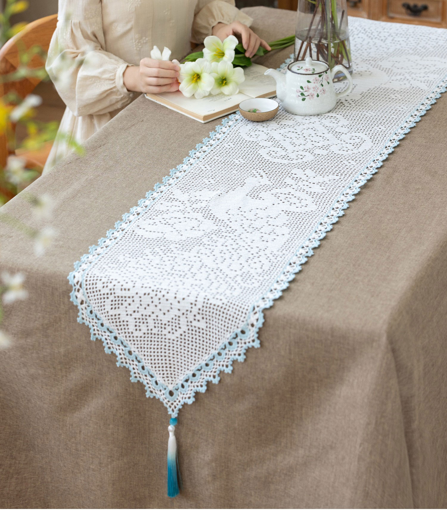 Peacock table,runner & sofa,back cushion,handmade crochet,lace,yarn ball,material package
