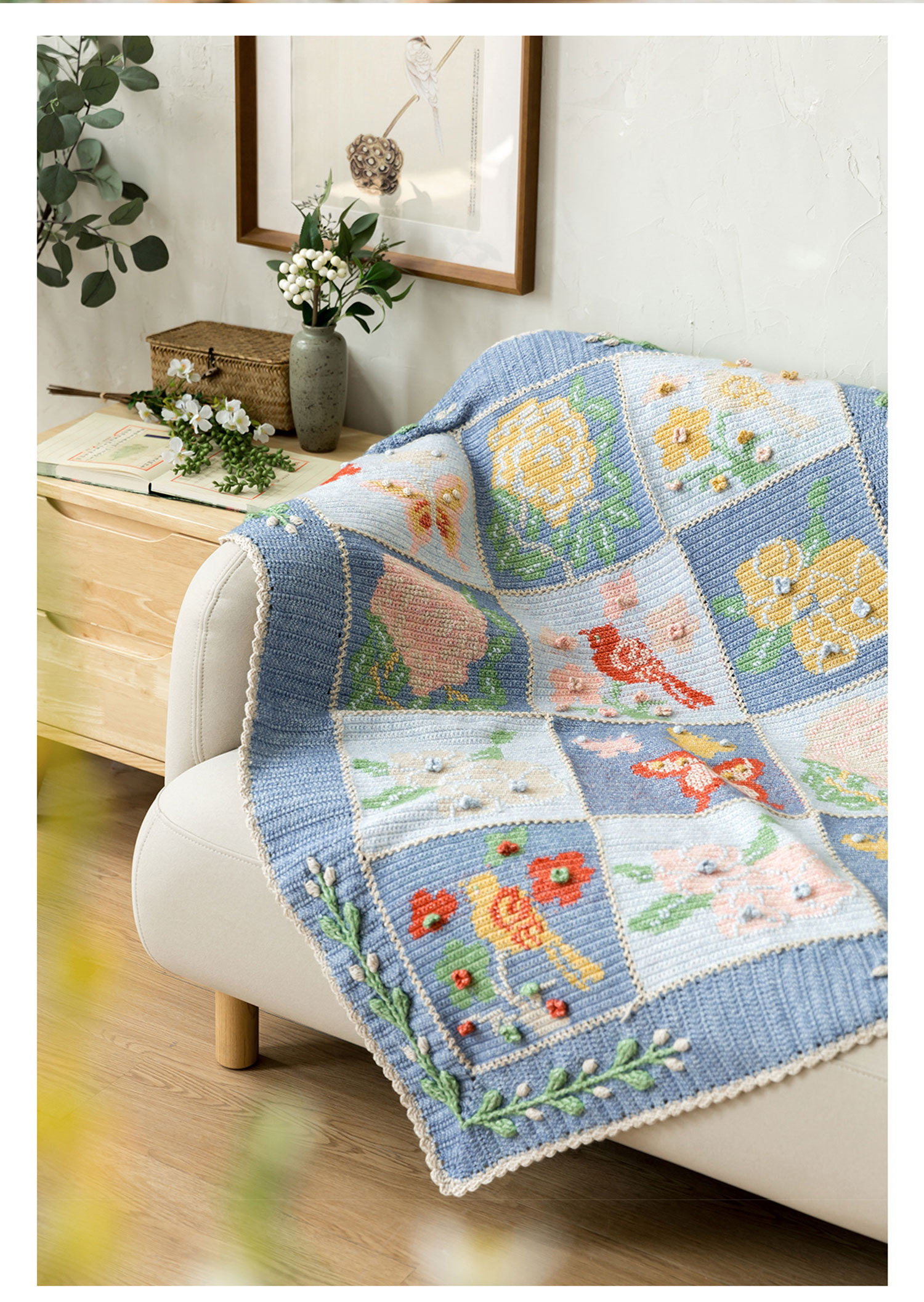 Peony Spring,Peach,Blossom,Butterfly,Magpie,Crochet,Jacquard Blanket,DIY Crochet,Homemade Blanket,Material Pack