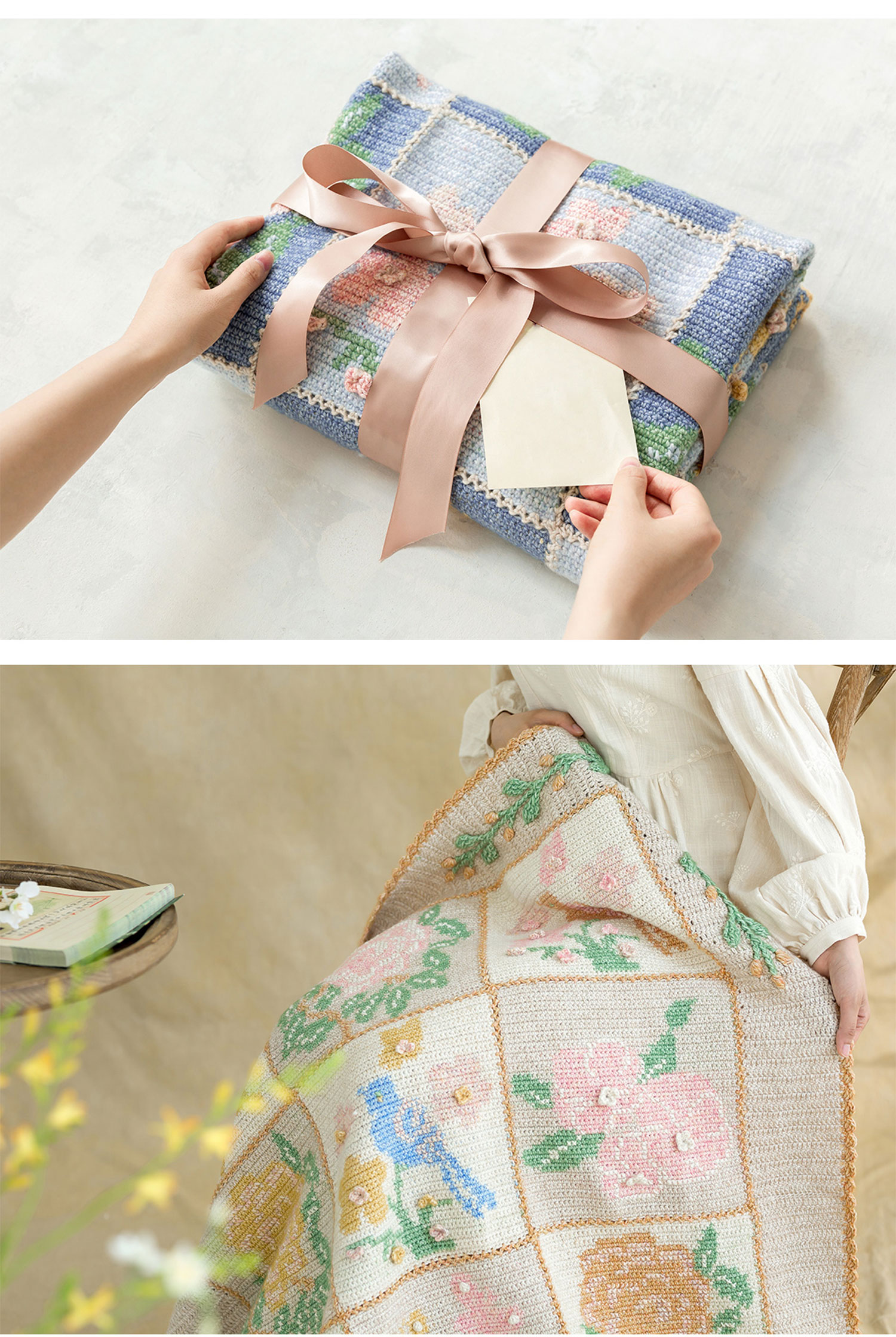 Peony Spring,Peach,Blossom,Butterfly,Magpie,Crochet,Jacquard Blanket,DIY Crochet,Homemade Blanket,Material Pack