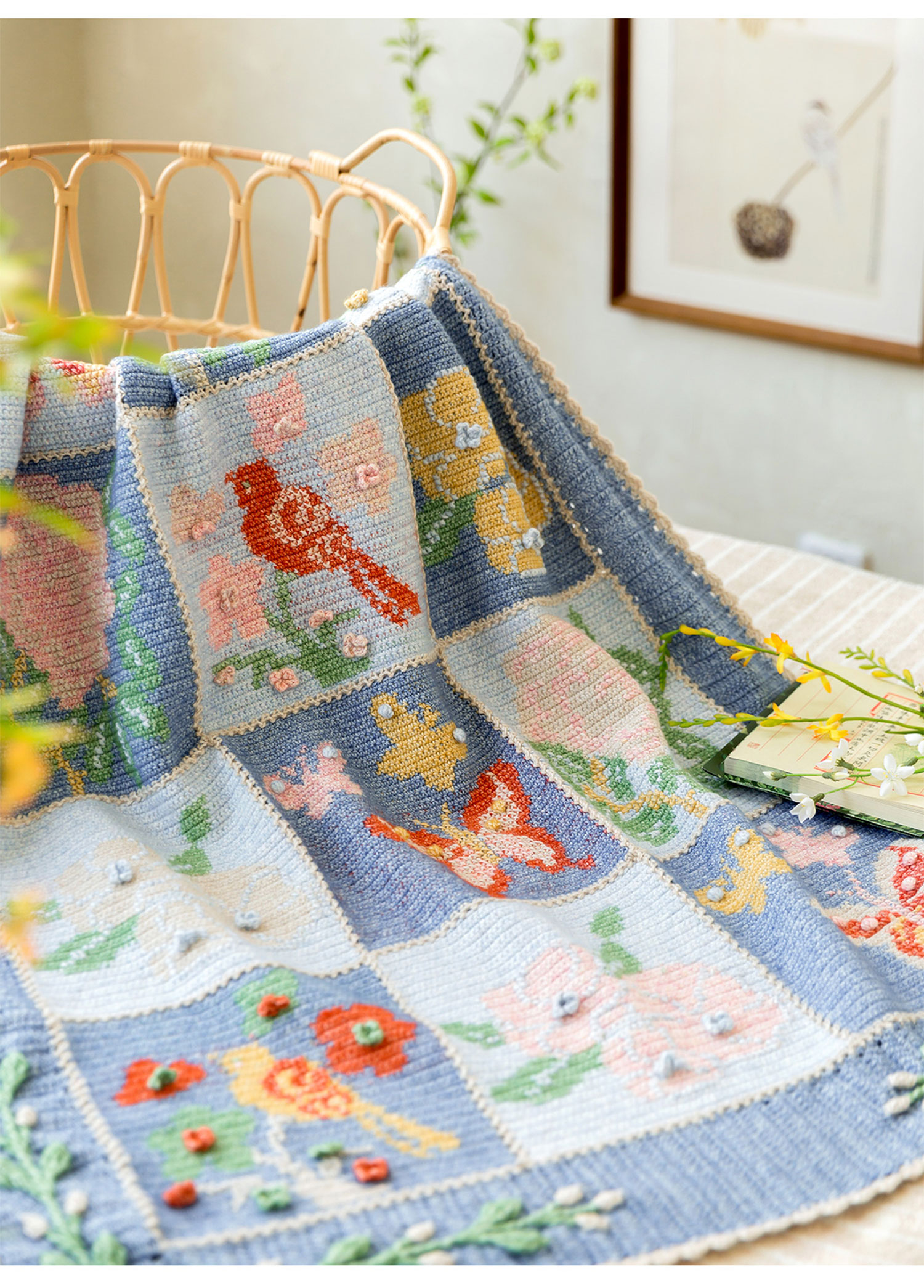 Peony Spring,Peach,Blossom,Butterfly,Magpie,Crochet,Jacquard Blanket,DIY Crochet,Homemade Blanket,Material Pack
