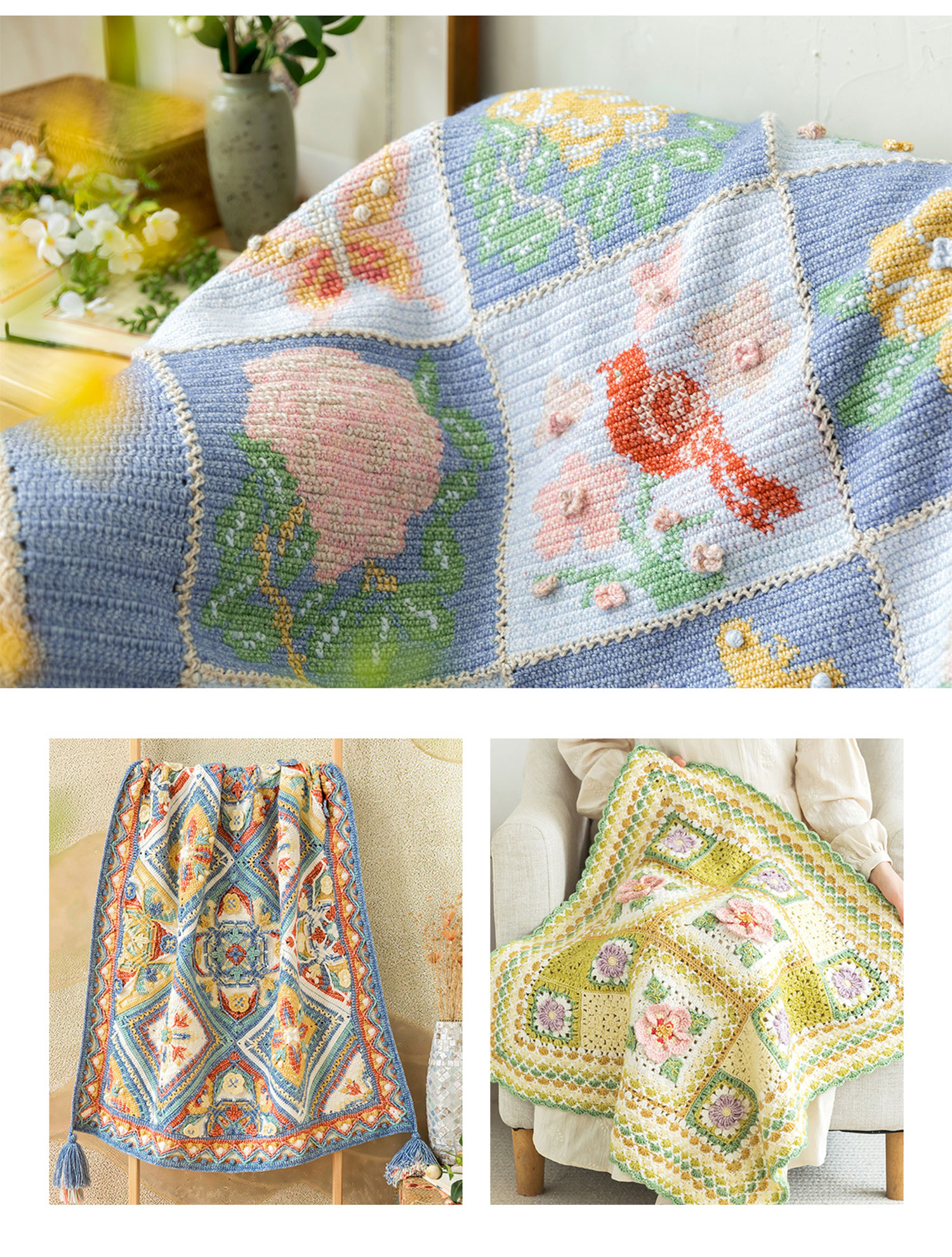 Peony Spring,Peach,Blossom,Butterfly,Magpie,Crochet,Jacquard Blanket,DIY Crochet,Homemade Blanket,Material Pack