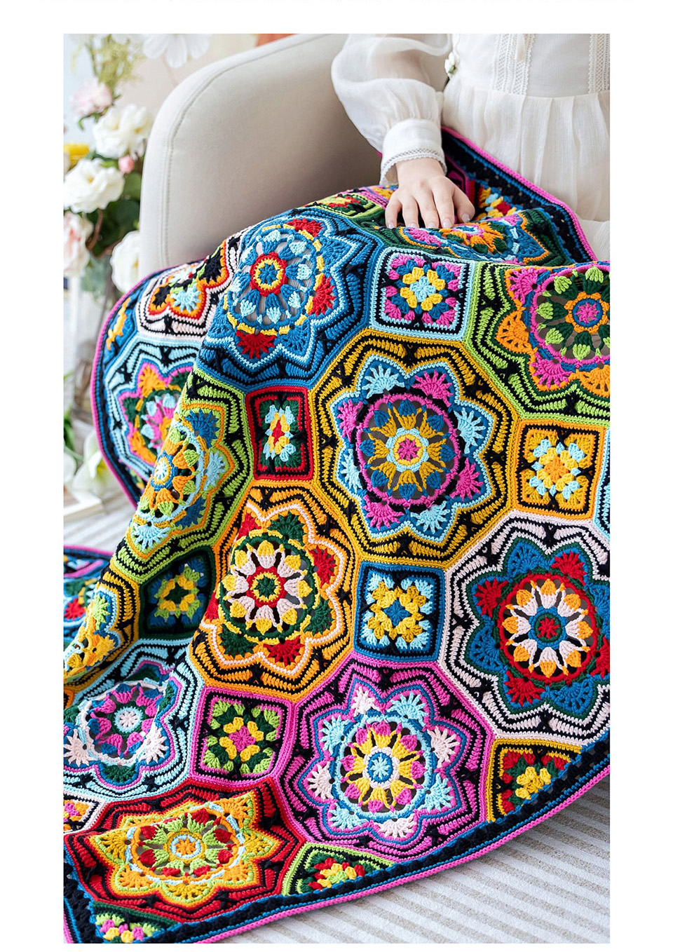 Persian tile patchwork blanket,crochet wool,knitting diy,side length