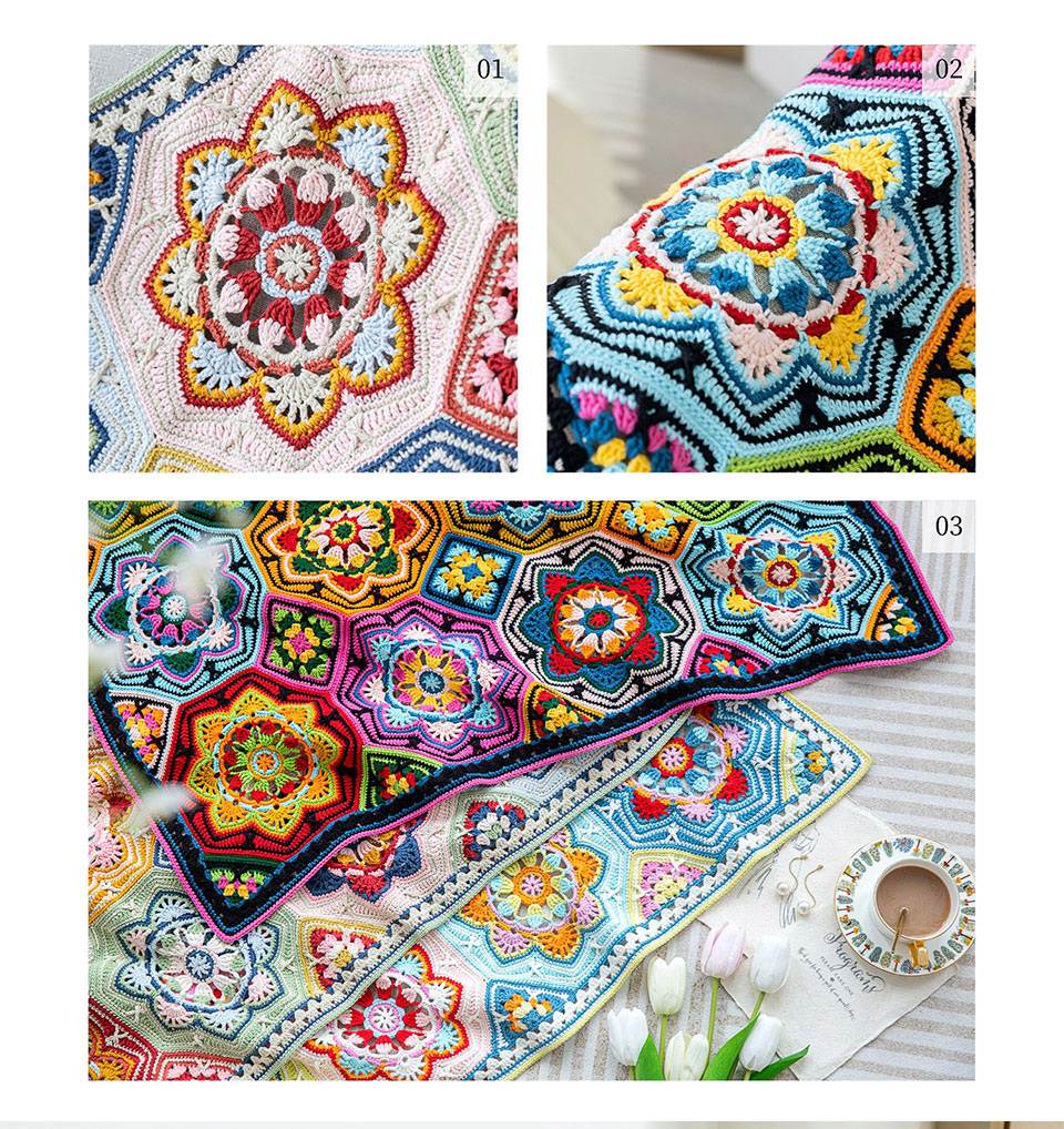 Persian tile patchwork blanket,crochet wool,knitting diy,side length